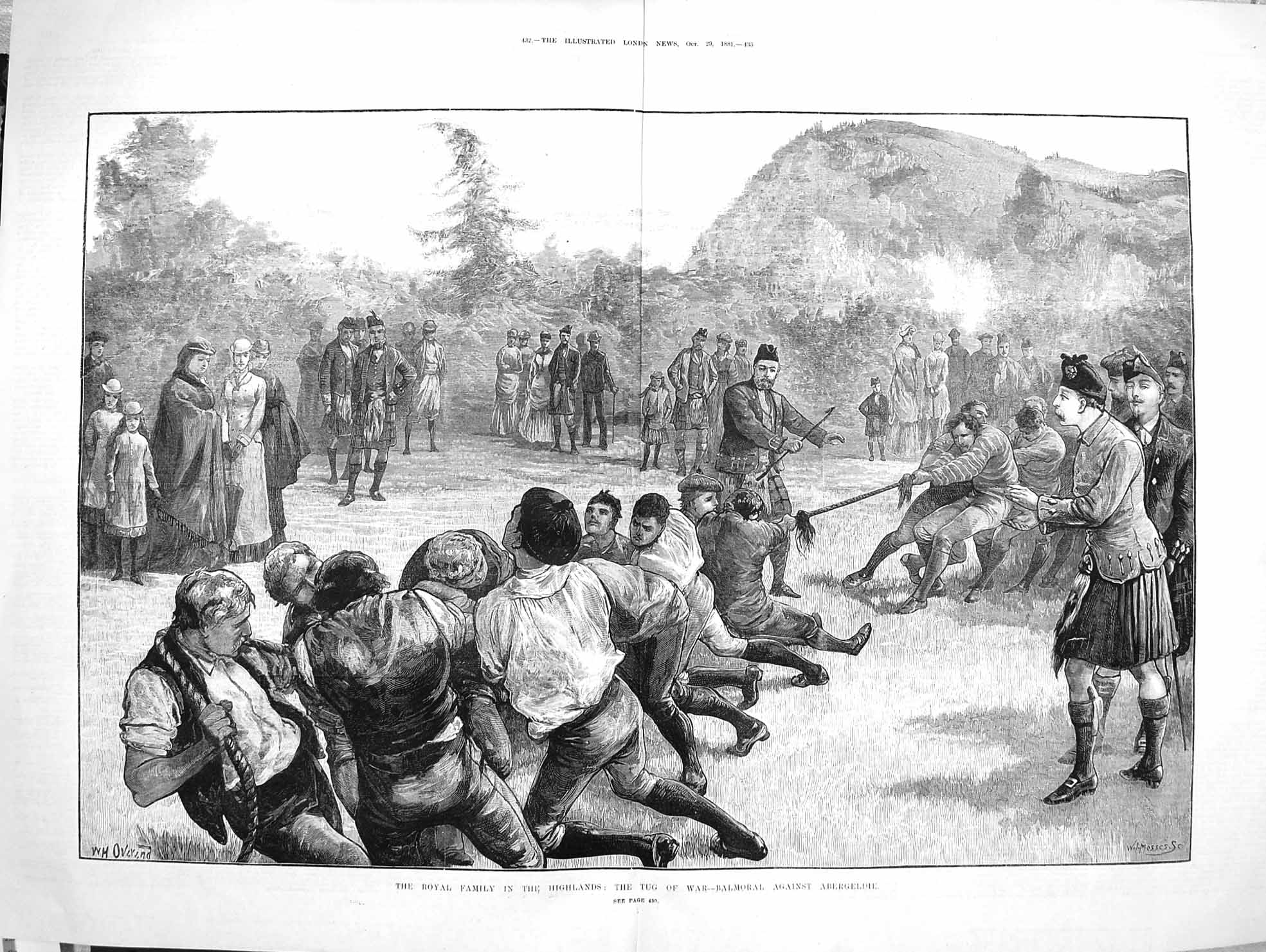 Original Old Antique Print 1881 Royal Highlands Tug-Of-War Balmoral Abergeldie