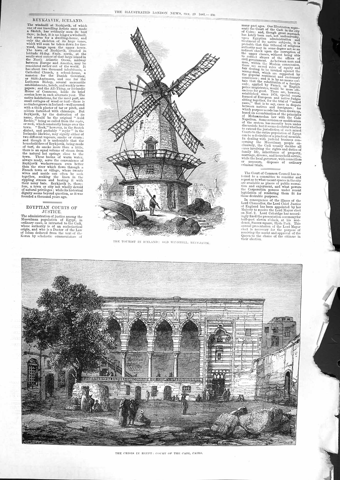 Old Antique Print 1881 Windmill Reykjavik Iceland Egypt Court Cadi Cairo 19th