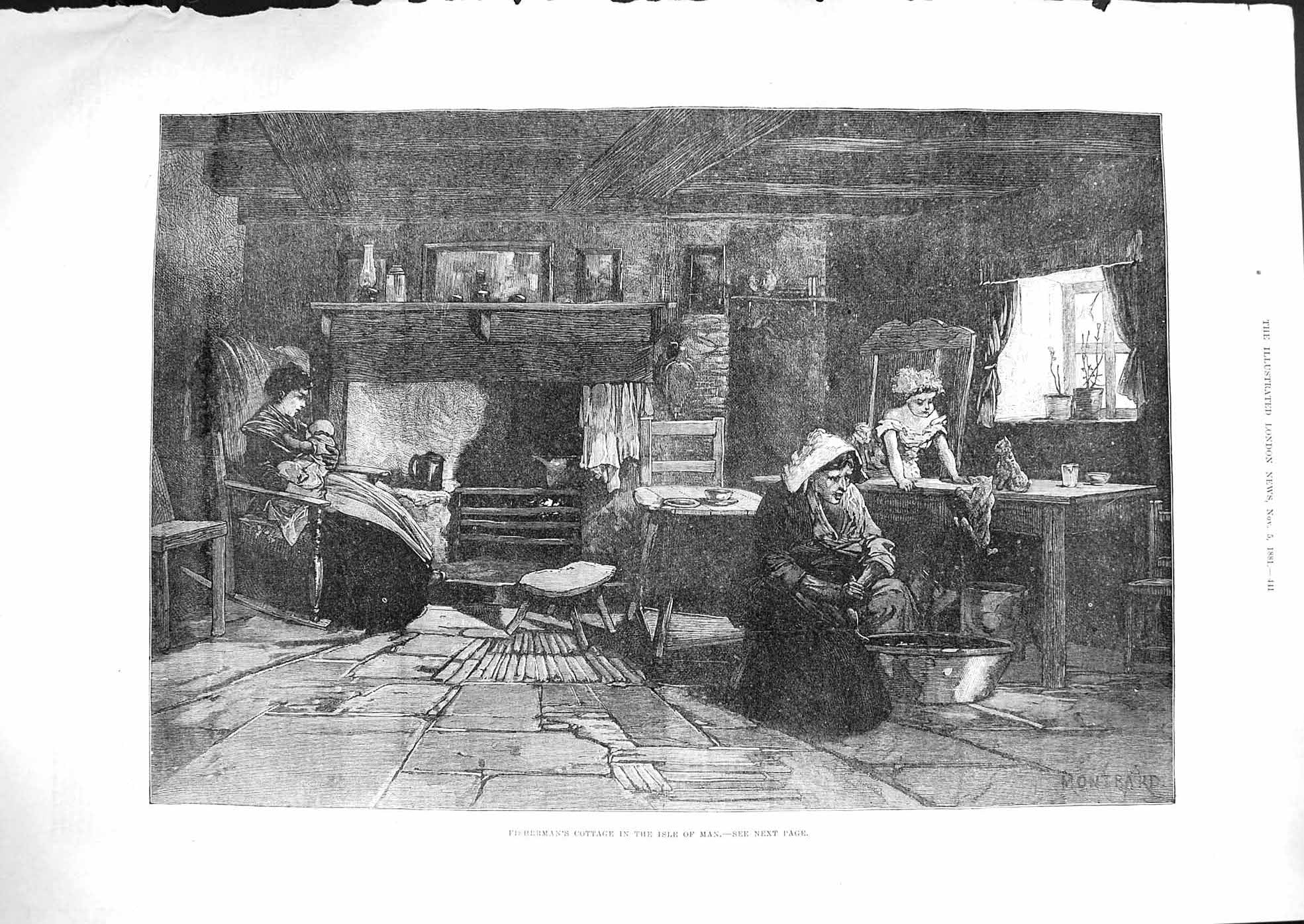 Original Old Antique Print 1881 Fisherman Cottage Isle Man Family Children 19th