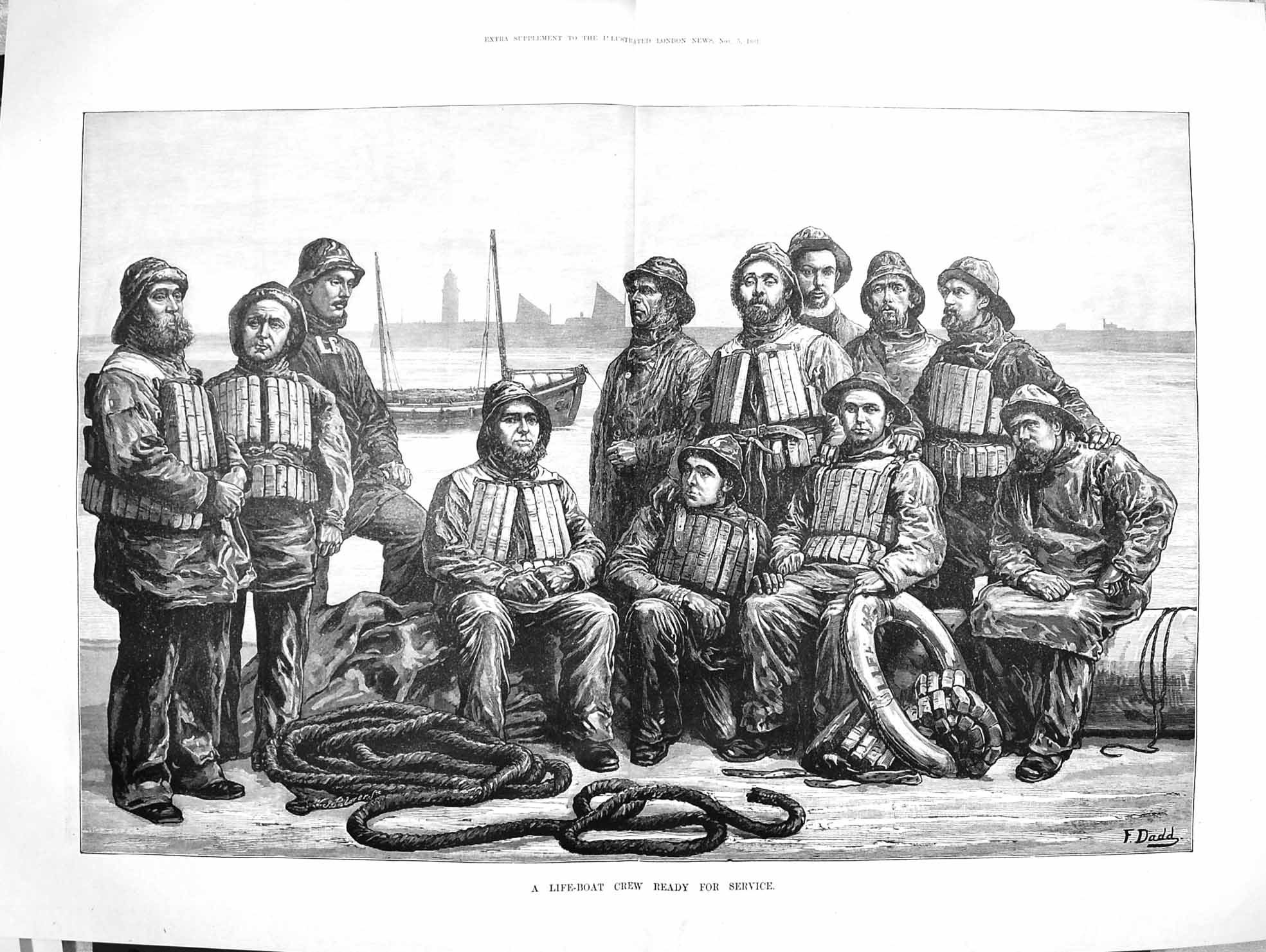 Original Old Antique Print 1881 Life-Boat Crew Ready For Service Fine Art 19th