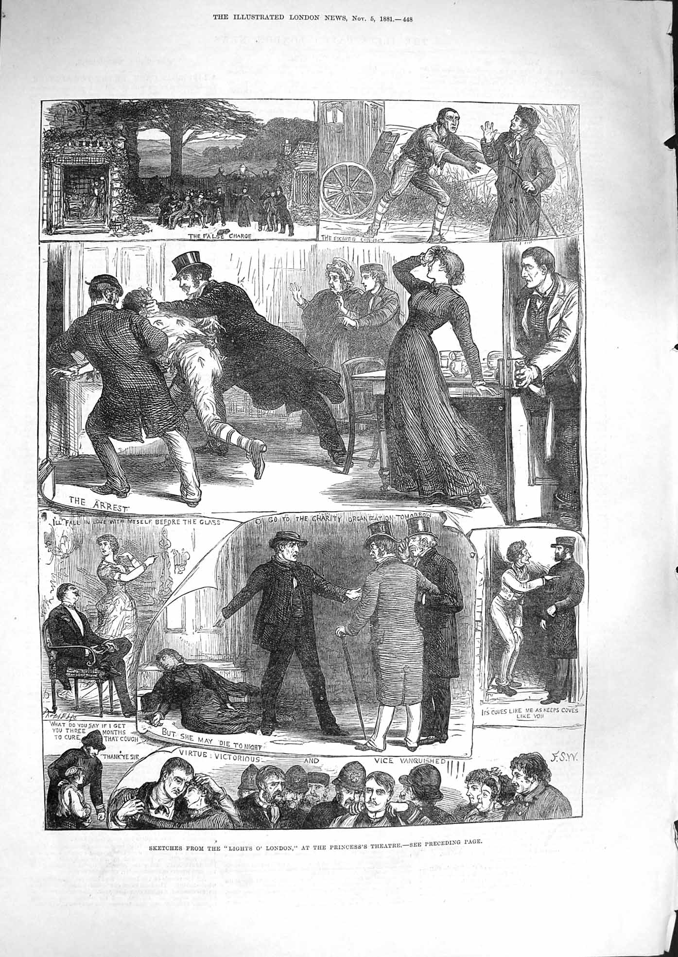 Original Old Antique Print 1881 Scene Lights O' London Princess Theatre Actors