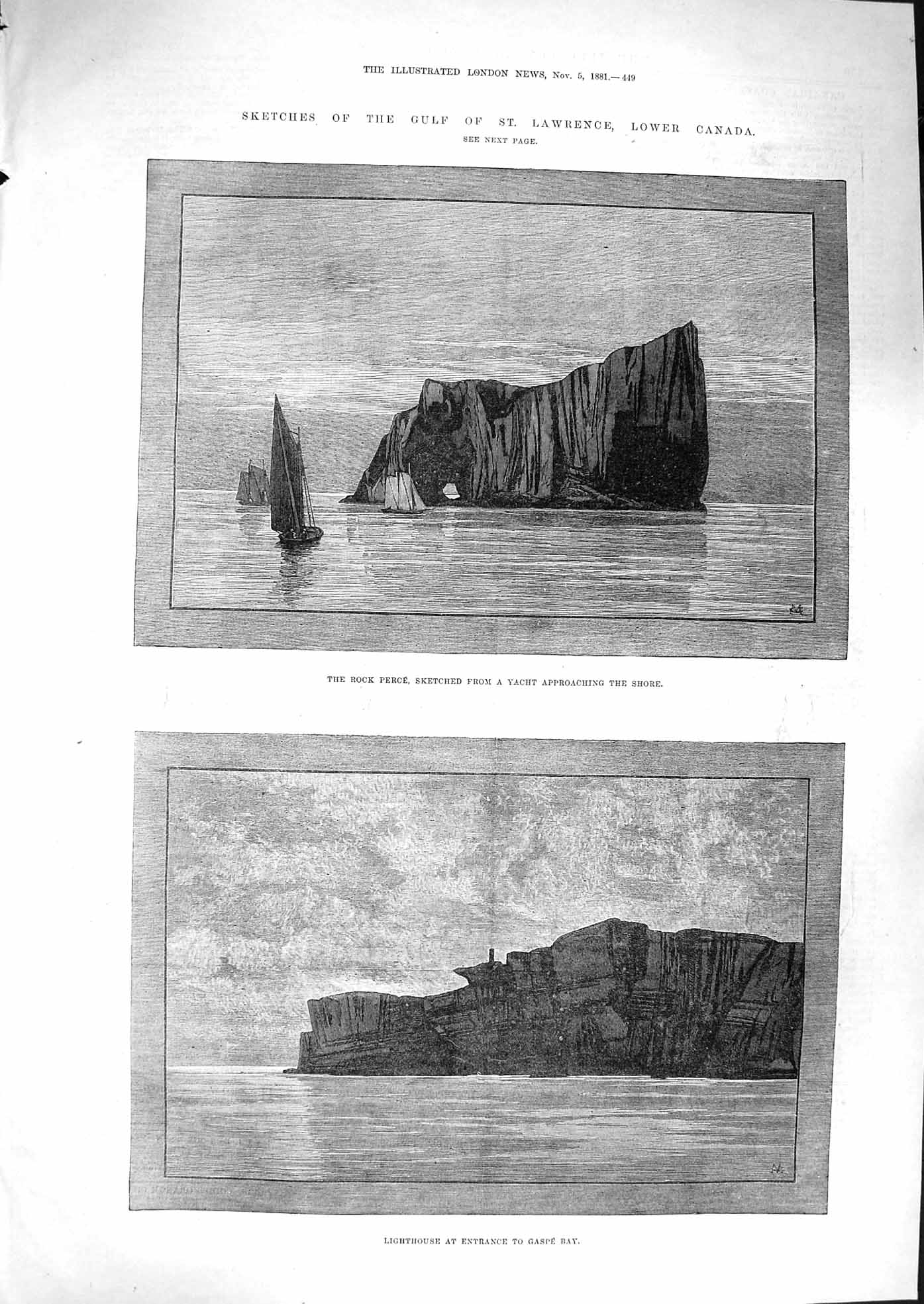 Old Antique Print 1881 Gulf St. Lawrence Canada Rock Perce Lighthouse Bay 19th