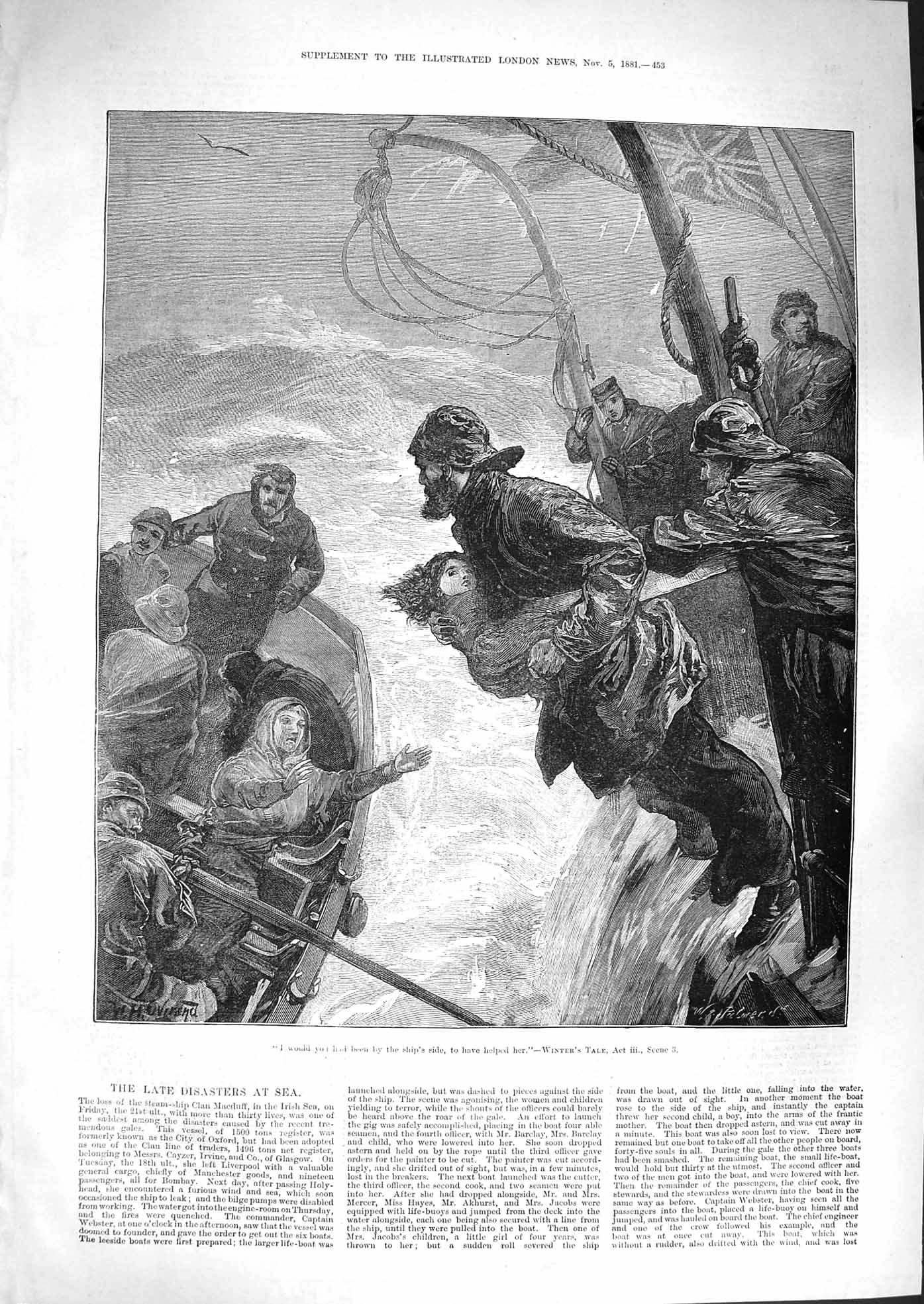 Original Old Antique Print 1881 Ship Wreck Storm Clan Macduff Irish Sea Rescue