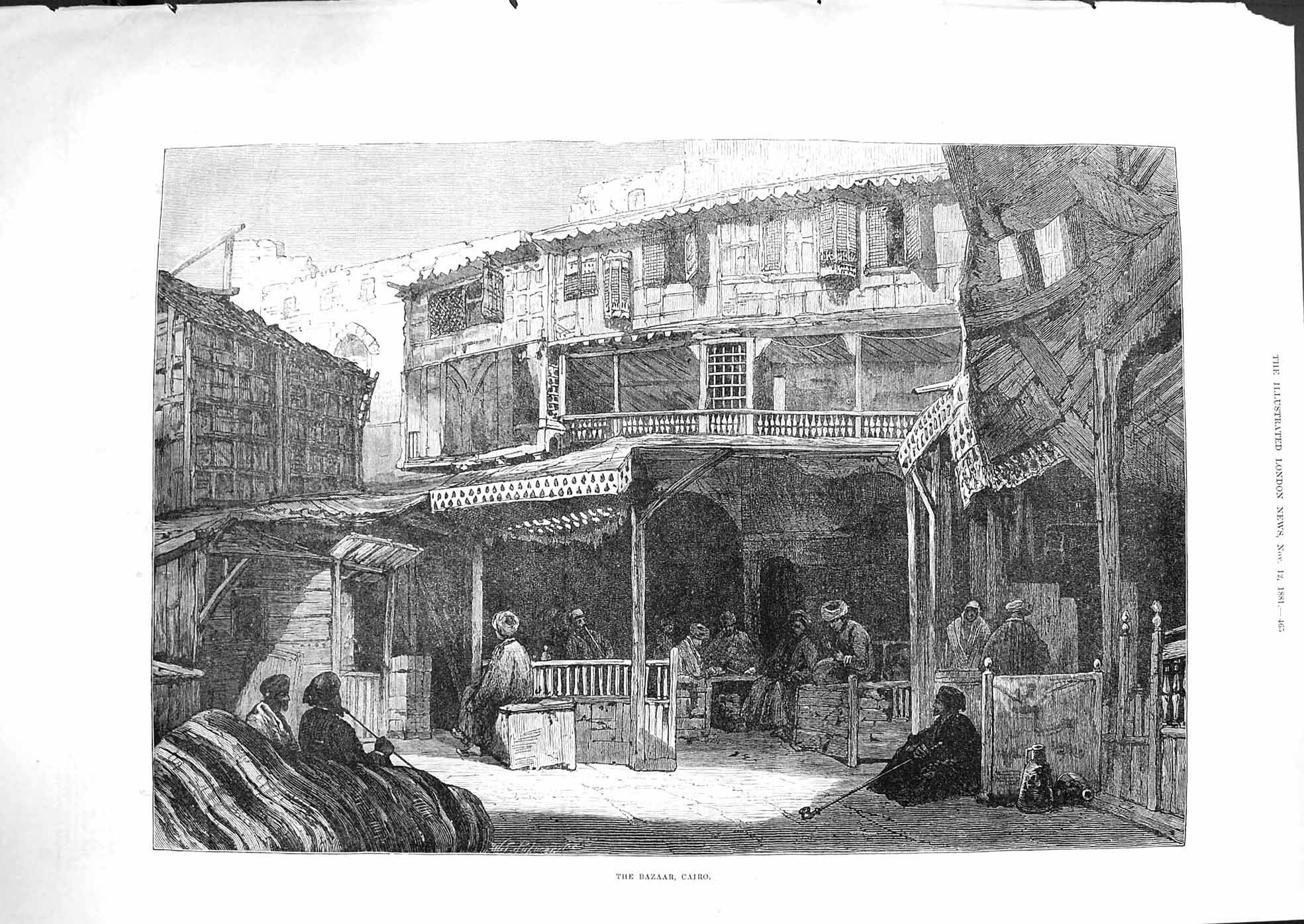 Original Old Antique Print 1881 Scene Bazaar Cairo Egypt Buildings Fine Art