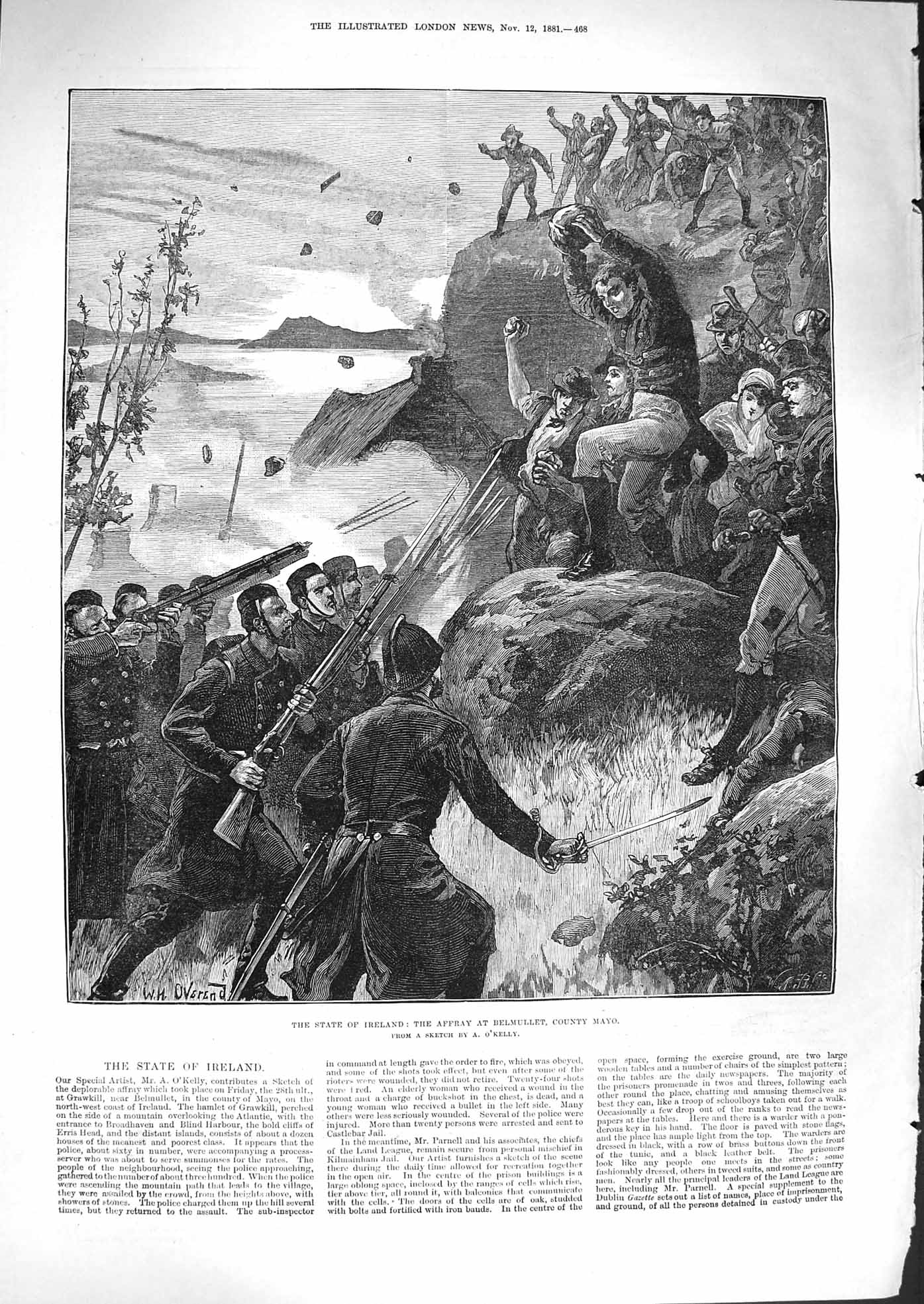 Original Old Antique Print 1881 Ireland Affray Belmullet County Mayo Po 19th