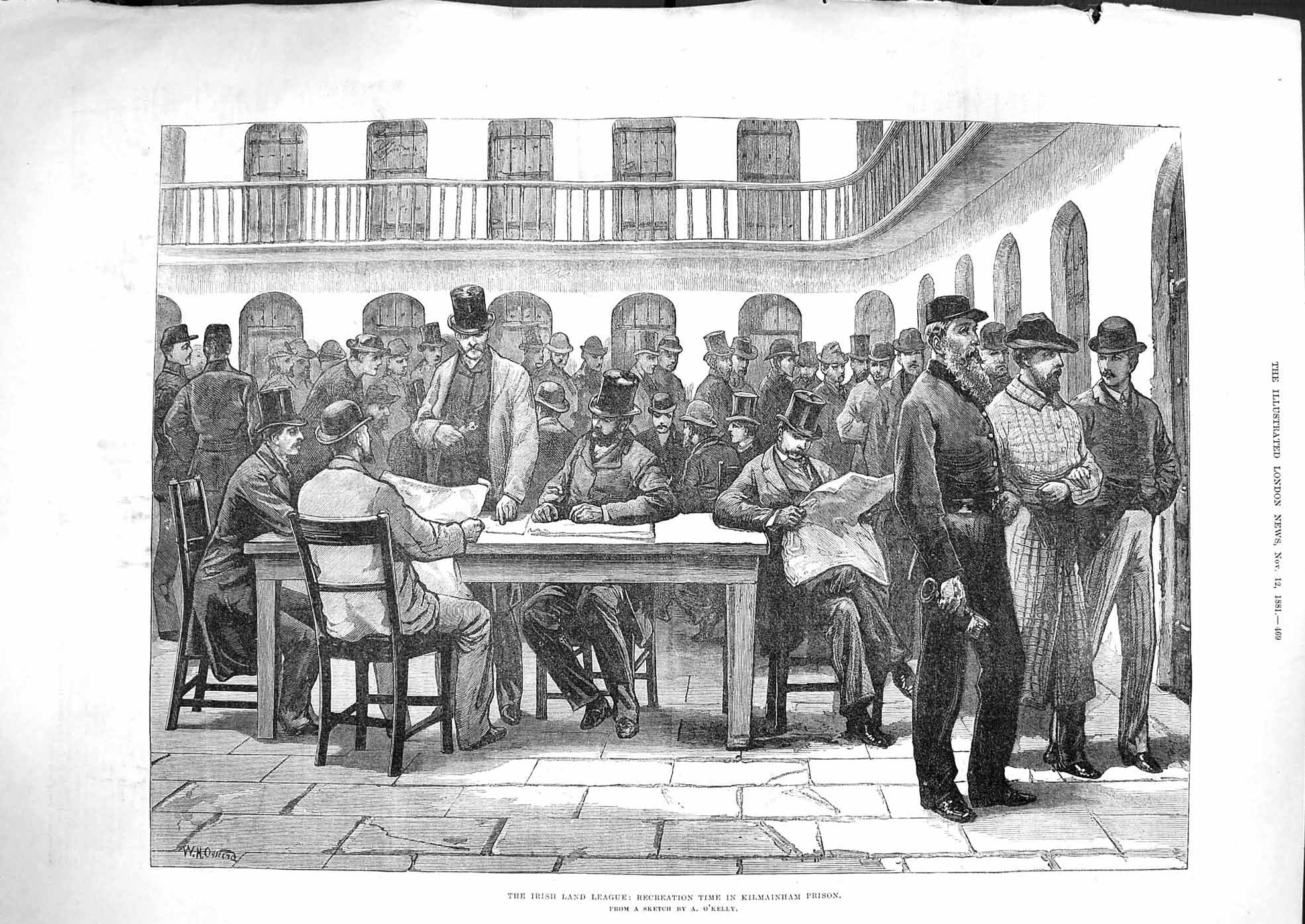 Antique Old Print *3302 1881 Irish Land League Recreation Kilmainham Prison