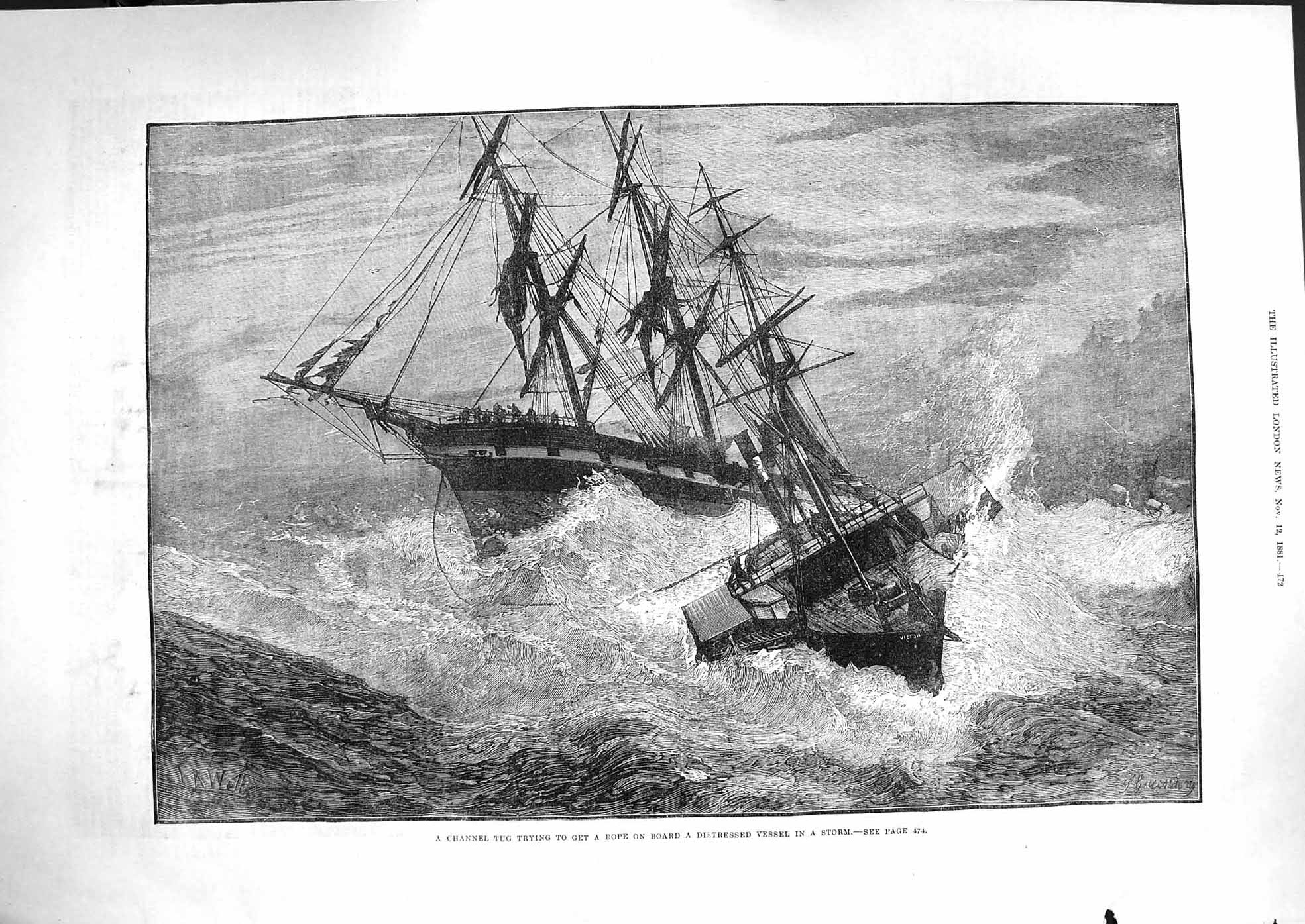 Original Old Antique Print 1881 Channel Tug Rescue Distressed Vessel Shi 19th