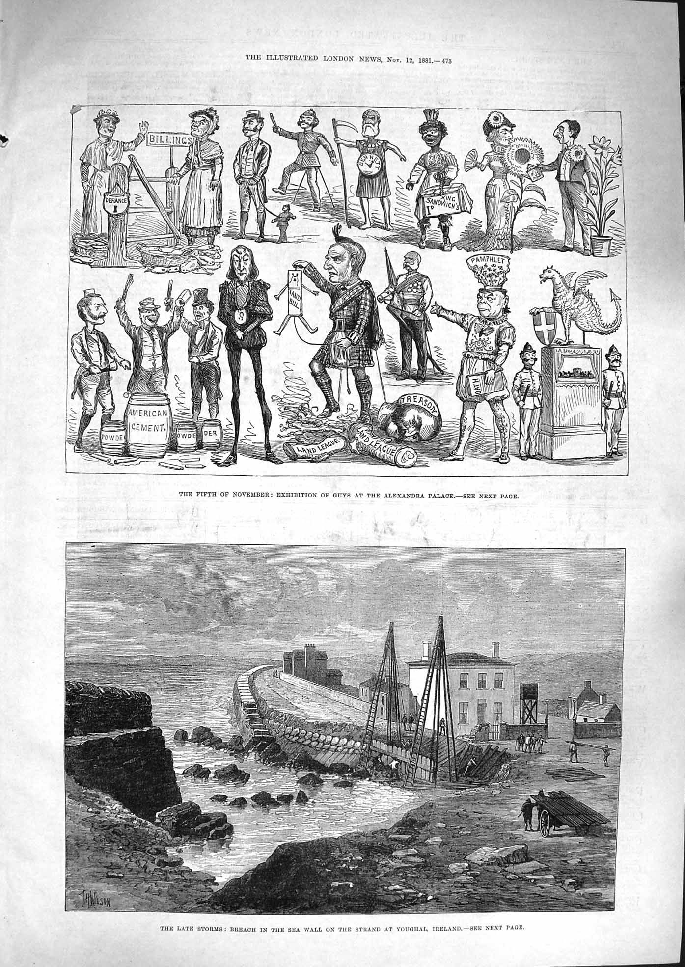 Original Old Antique Print 1881 Storm Breach Sea Wall Youghal Ireland Al 19th