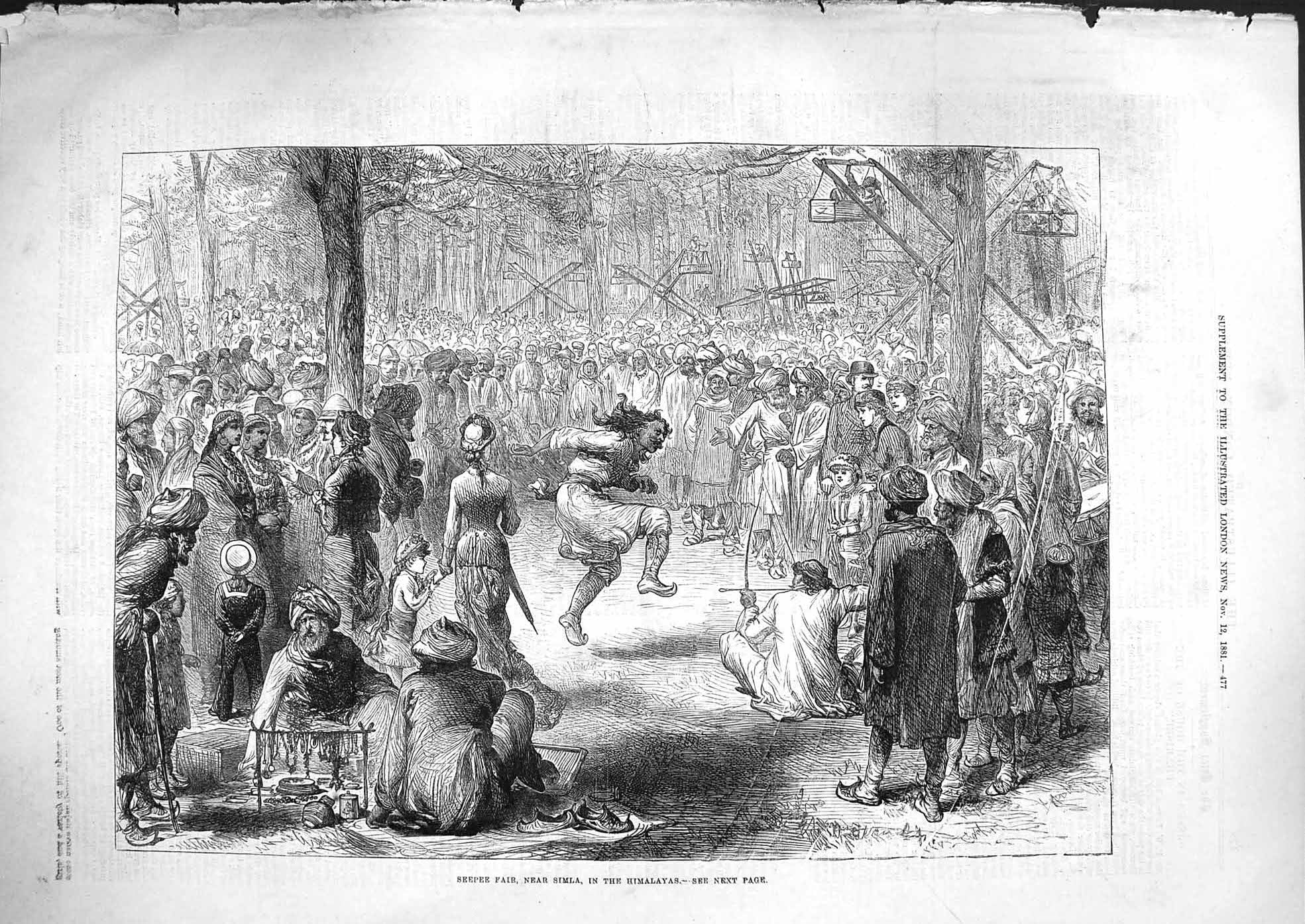 Original Old Antique Print 1881 Seepee Fair Simla Himalayas Dancing Victorian