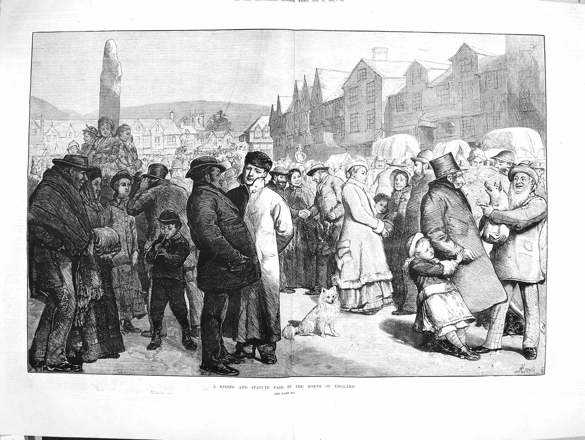 Original Old Antique Print 1881 Hiring Statute Fair North ScotlandVictorian