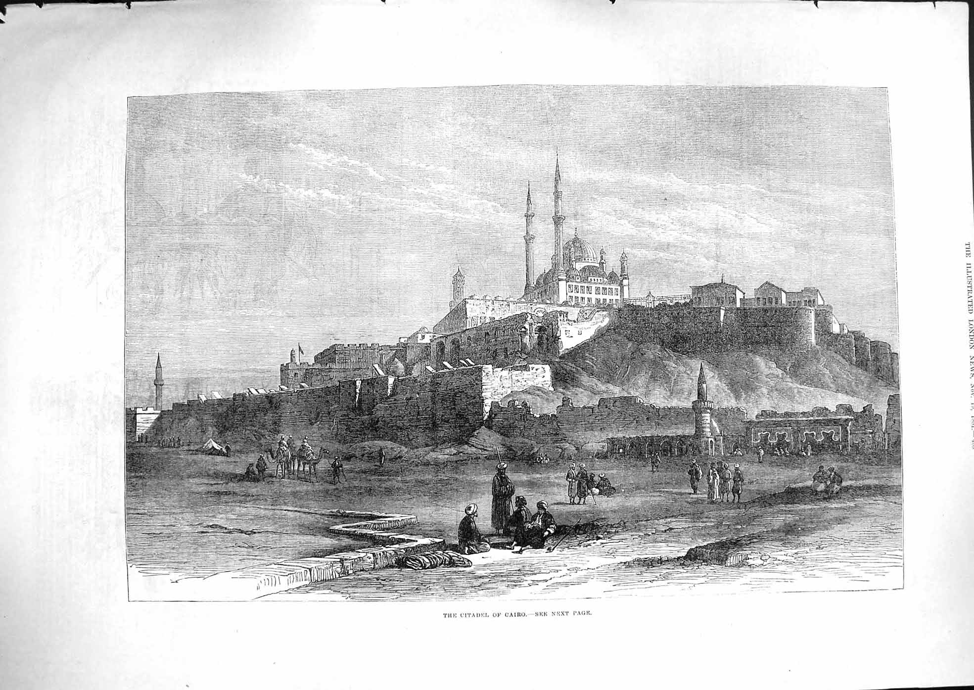 Original Old Antique Print 1881 View Citadel Cairo Egypt Camels Egyptian People