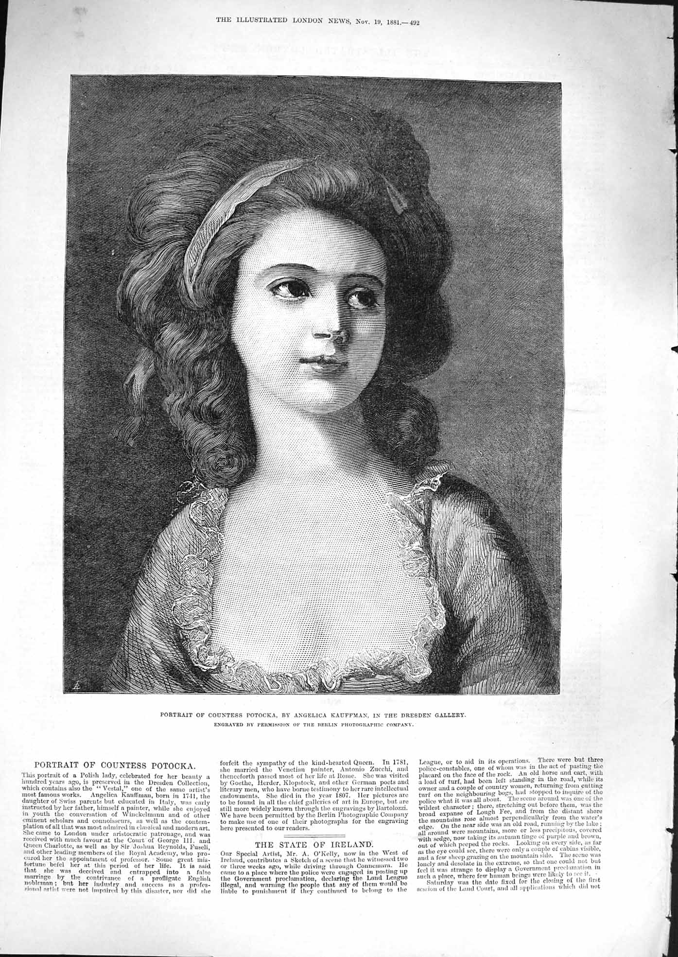 Original Old Antique Print 1881 Portrait Countess Potocka Angelica K Victorian