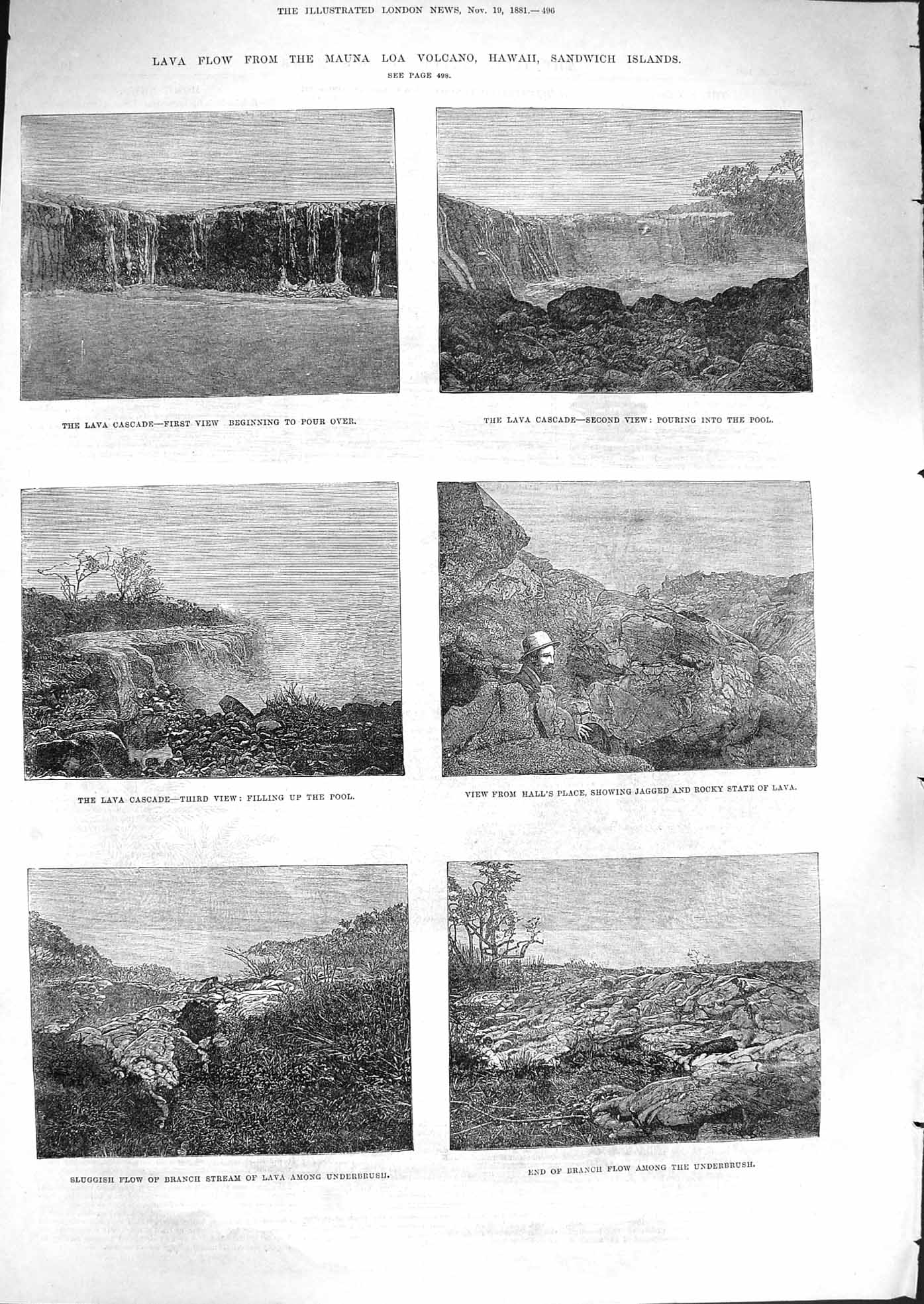 Original Old Antique Print 1881 Lava Mauna Loa Volcano Hawaii Sandwich Mountain