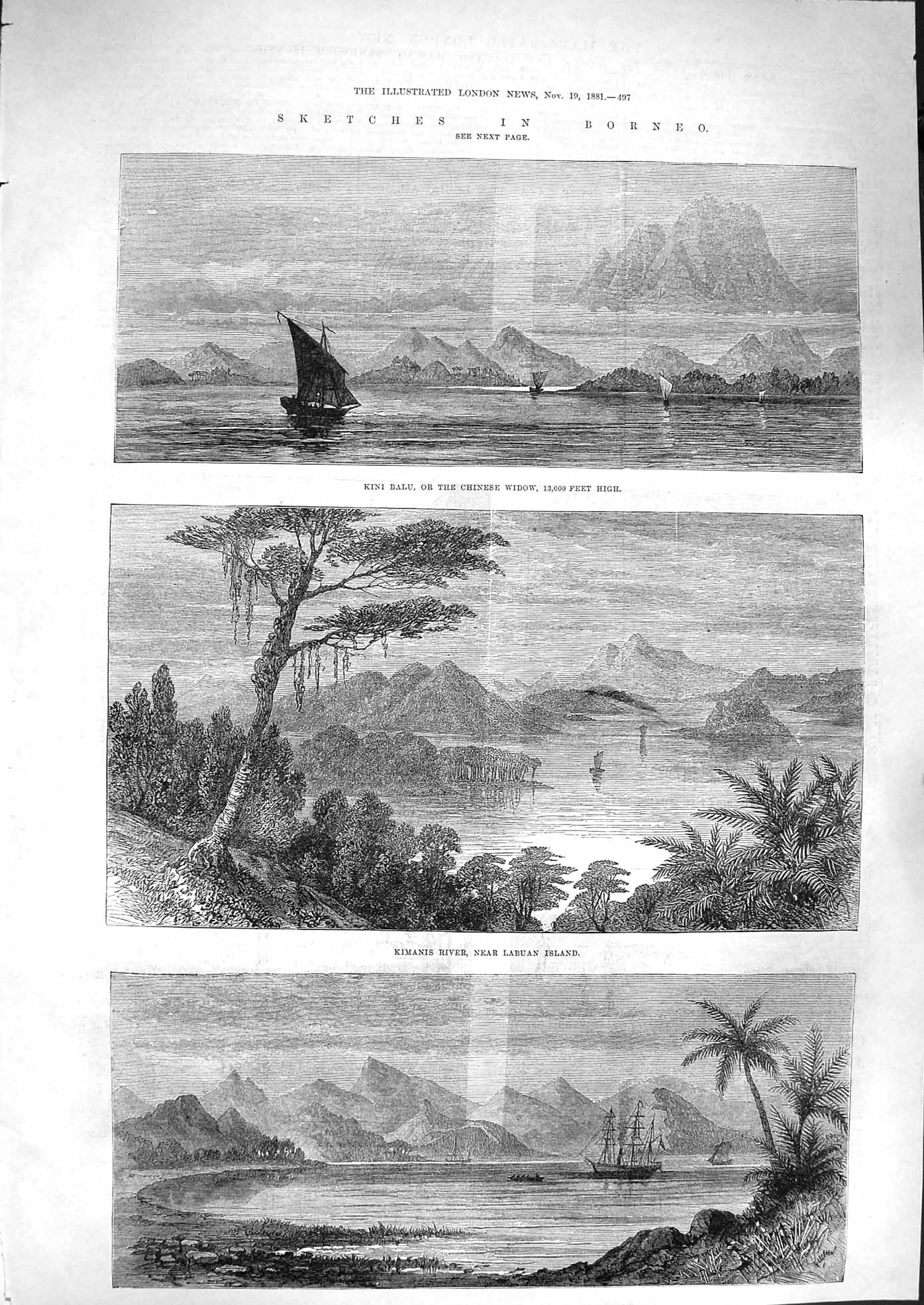 Original Old Antique Print 1881 Borneo Kini Balu Chinese Widow Kimanis Victorian