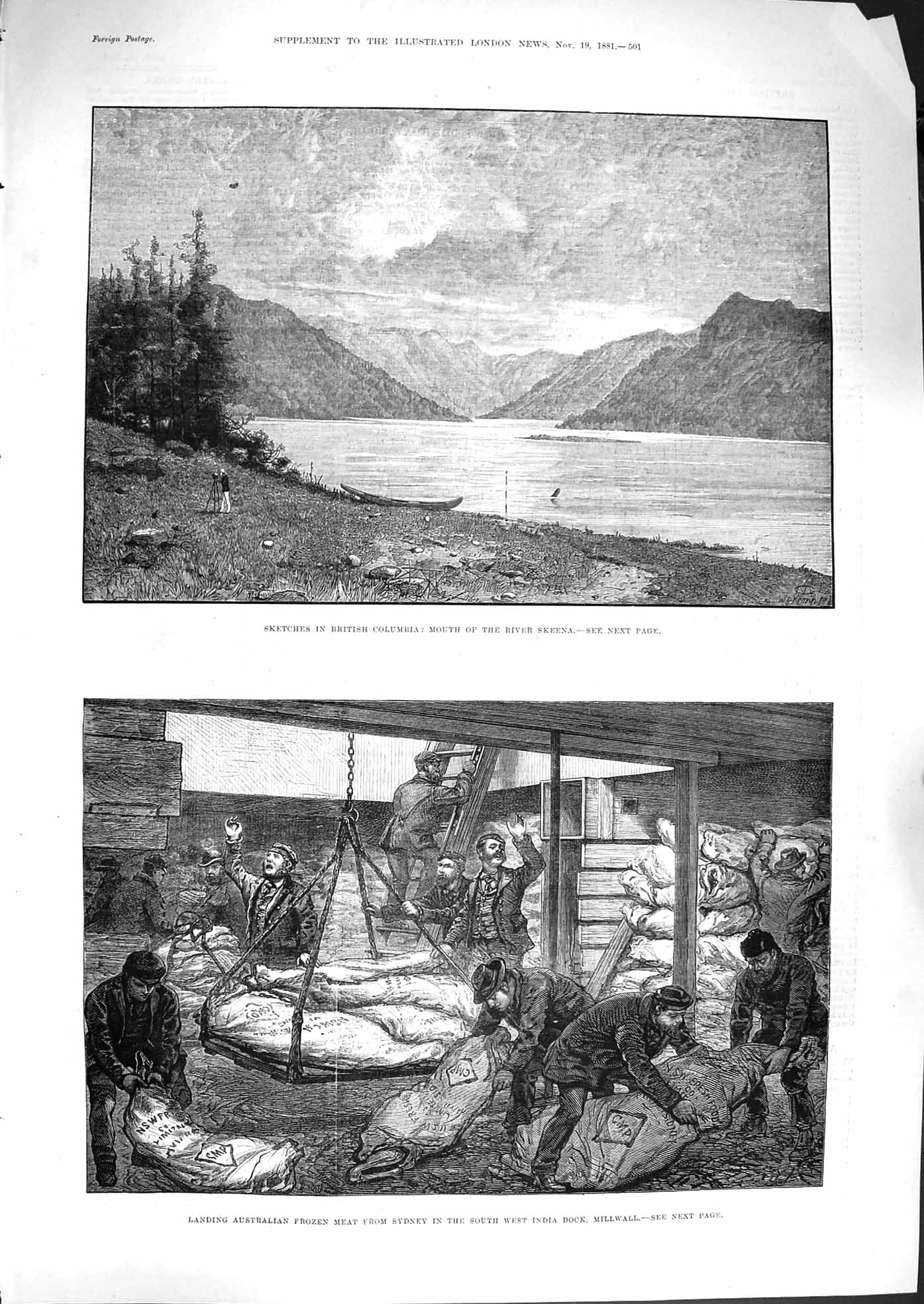 Original Old Antique Print 1881 British Columbia River Skeena Frozen Meat Ship