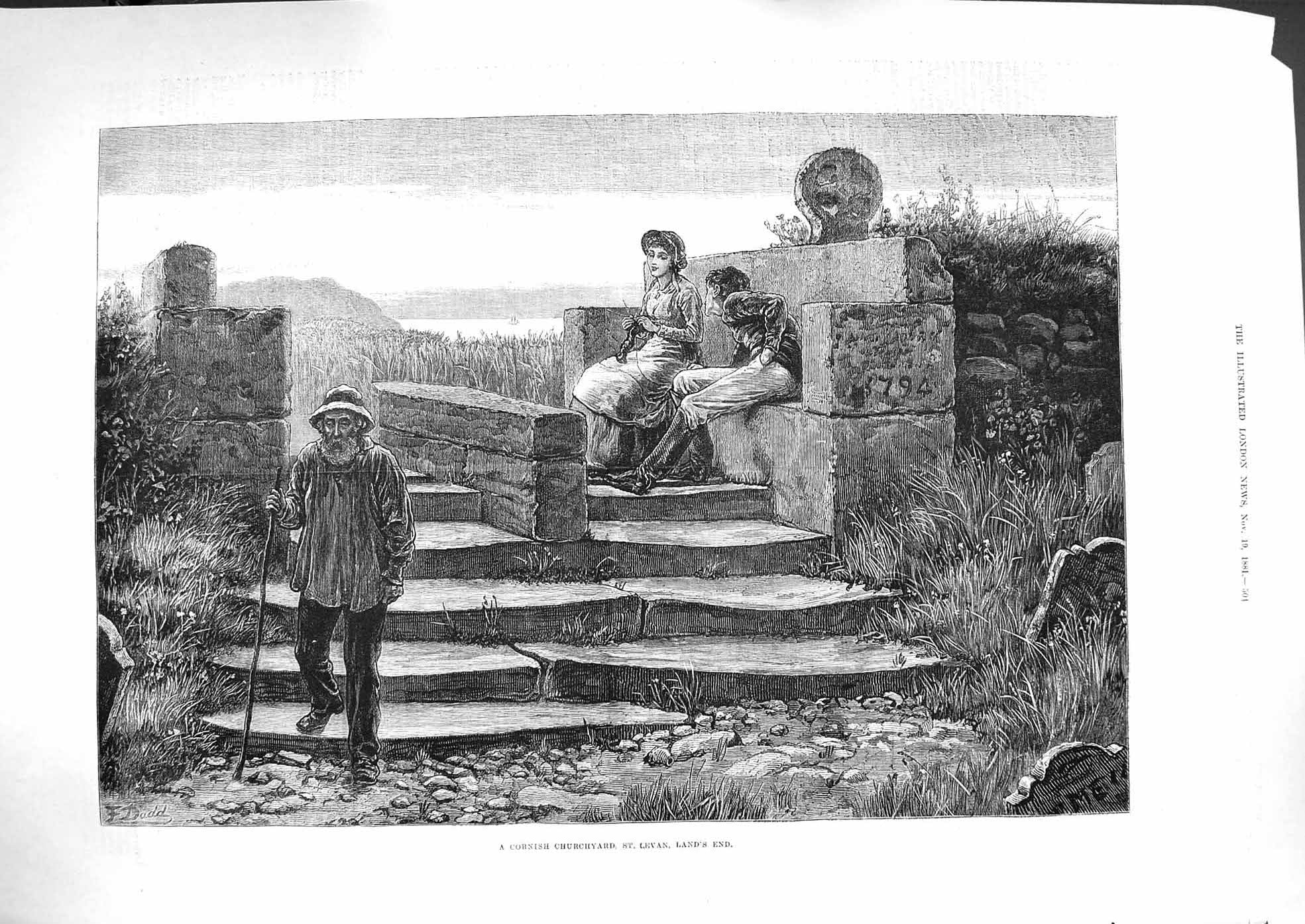 Original Old Antique Print 1881 Cornish Churchyard St. Levan Land'S End F 19th