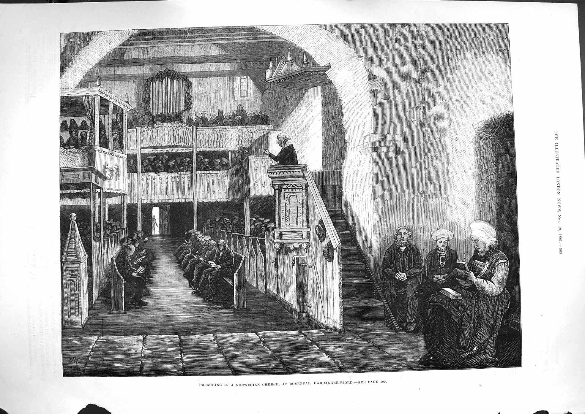 Old Antique Print 1881 Preaching Norway Church Rosendal Hardanger-Fjord 19th