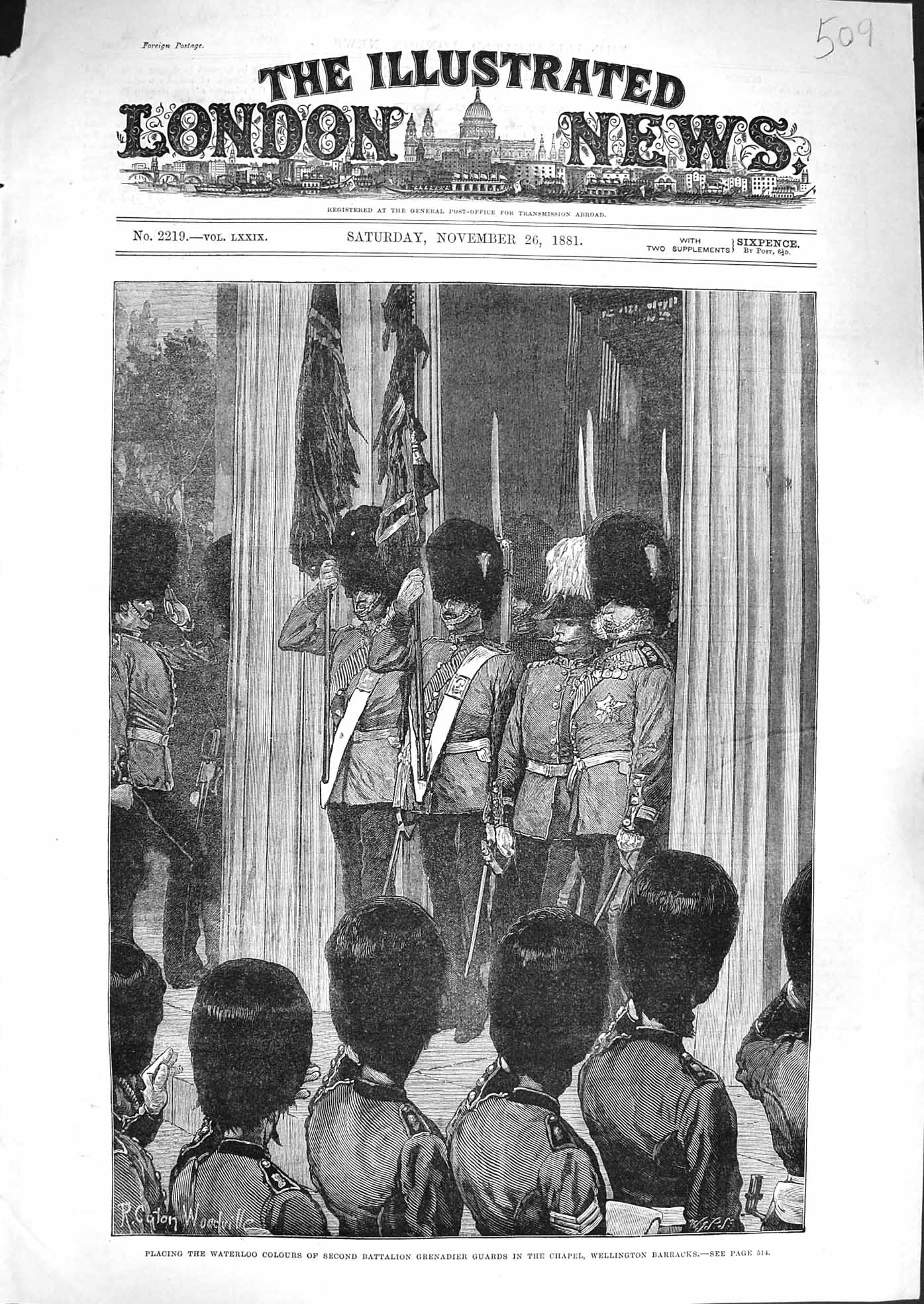 Original Old Antique Print 1881 Waterloo Colours Battalion Grenadier Wellington