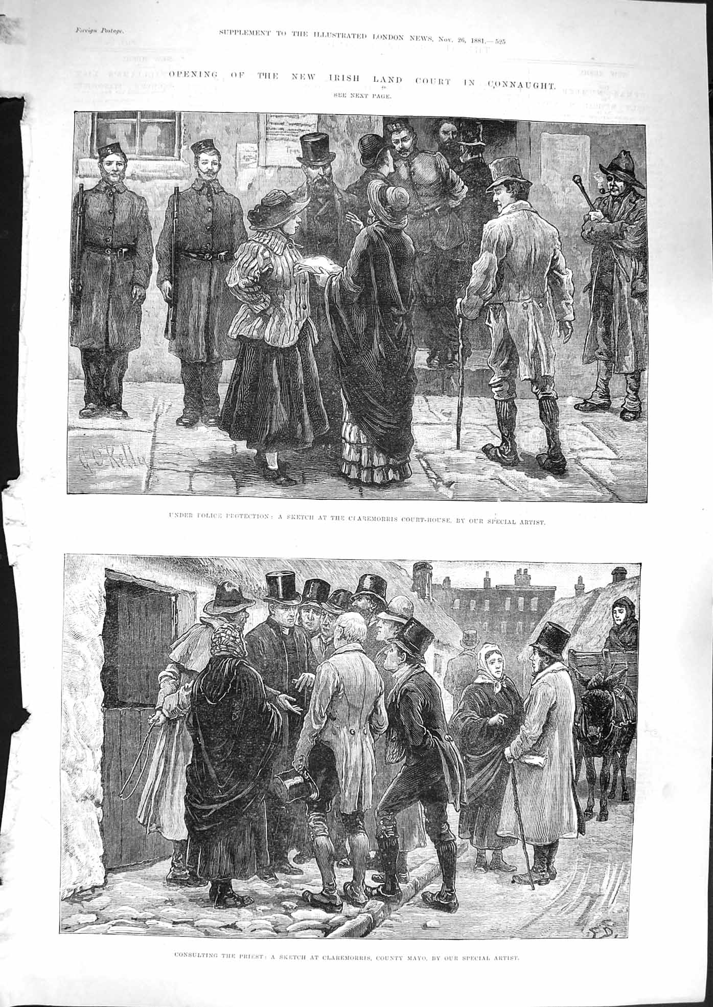 Old Antique Print 1881 Irish Land Court Connaught Claremorris County Mayo 19th