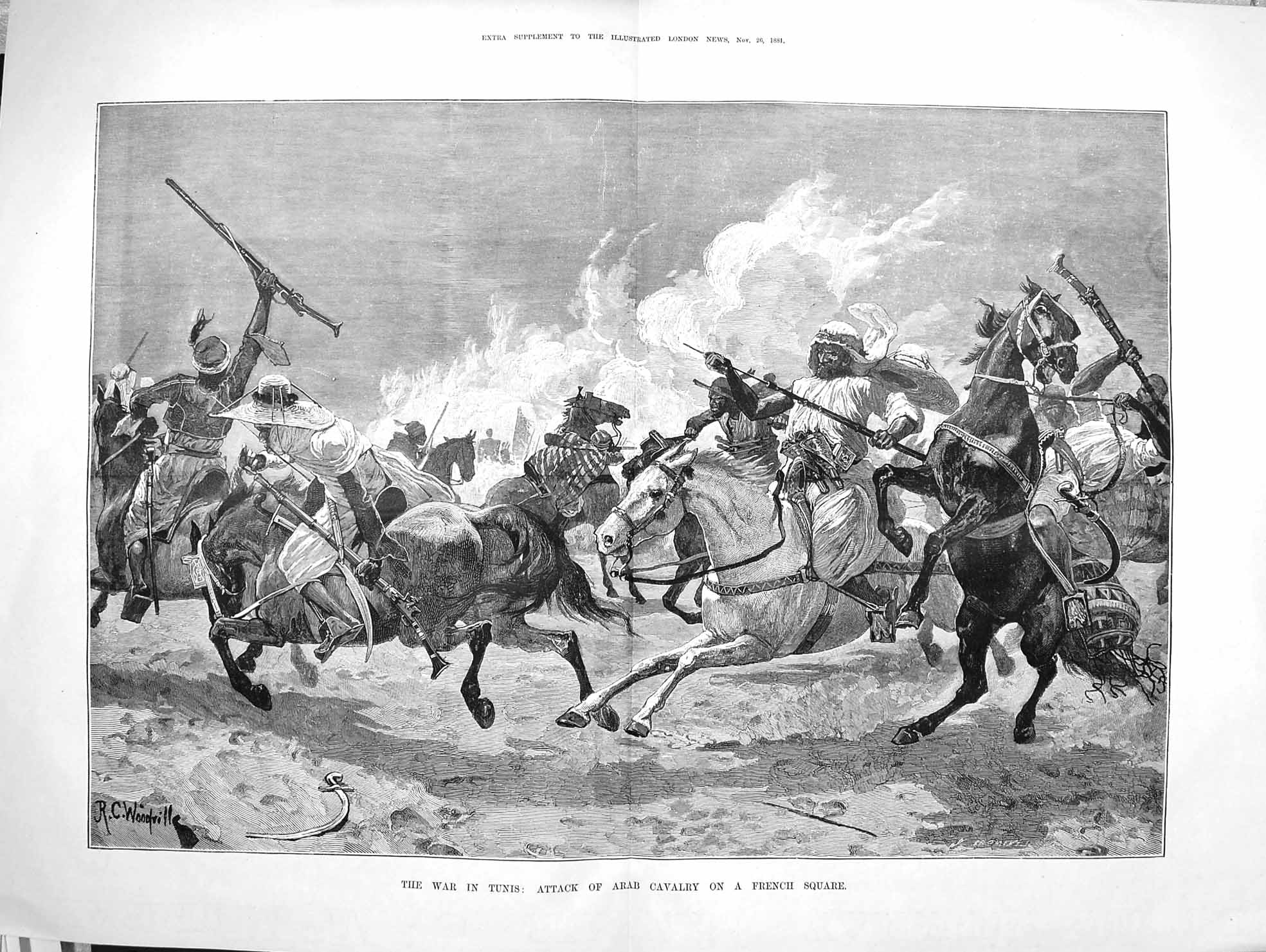 Old Antique Print 1881 War Tunis Attack Arab Cavalry French Square Army 19th
