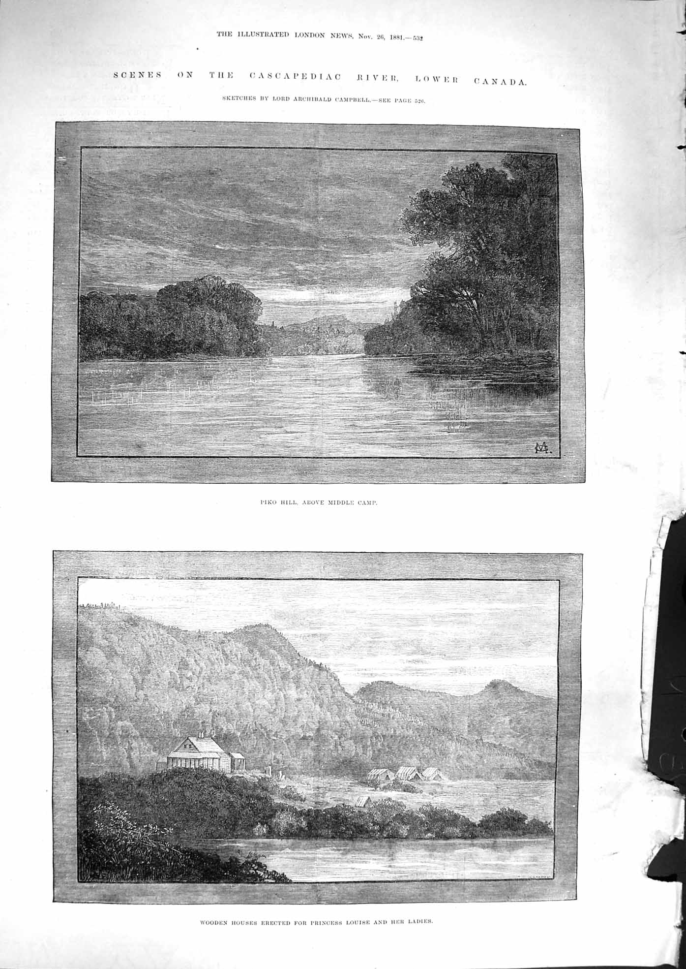 Original Old Antique Print 1881 Piko Hill Casapediac River Canada Wooden Houses