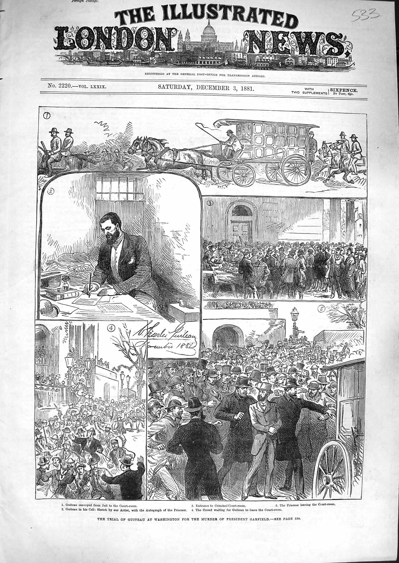 Old Antique Print 1881 Trial Guiteau Washington Murder President Garfield 19th