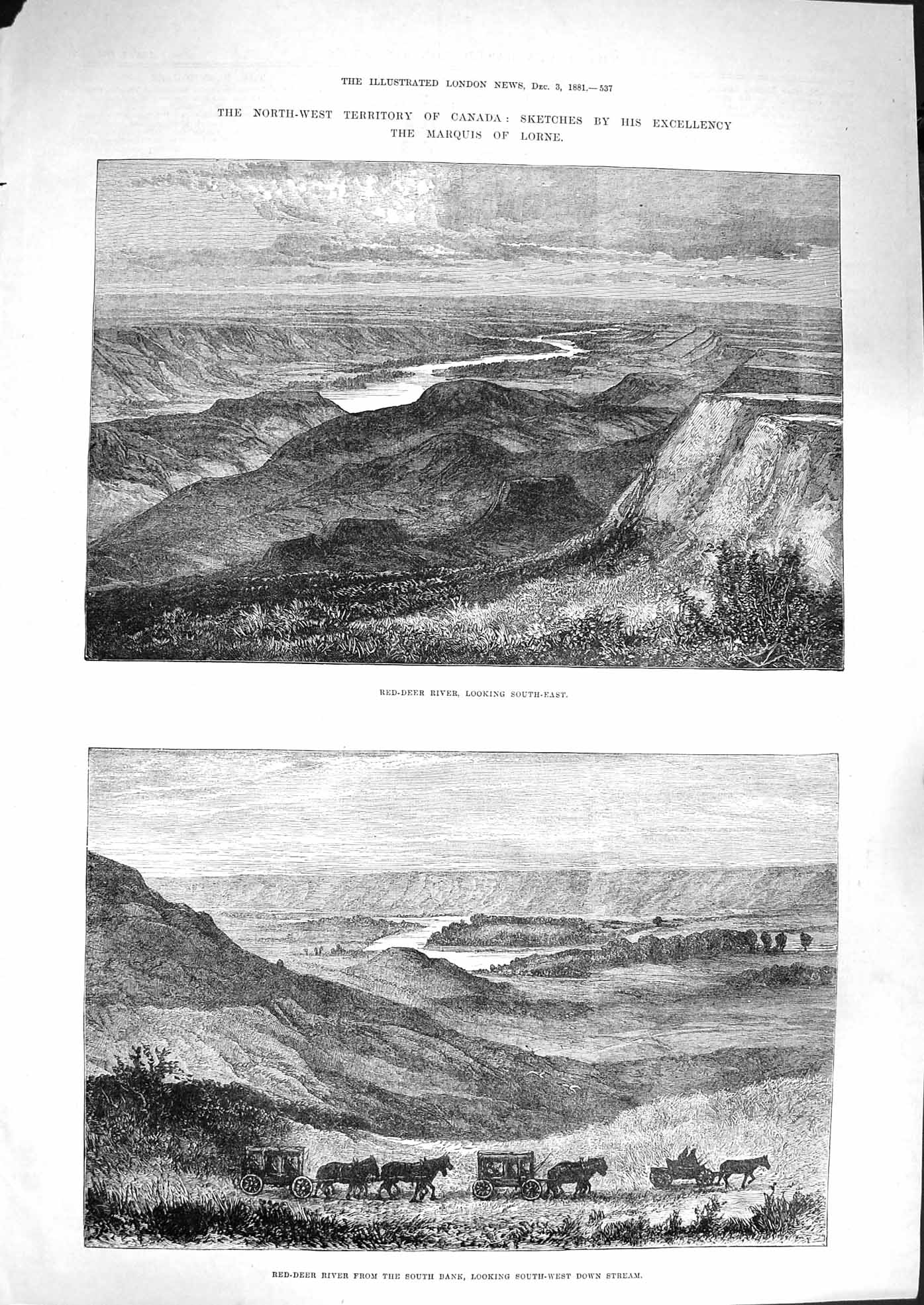 Original Old Antique Print 1881 Red-Deer River Canada Mountains Horses Carriage