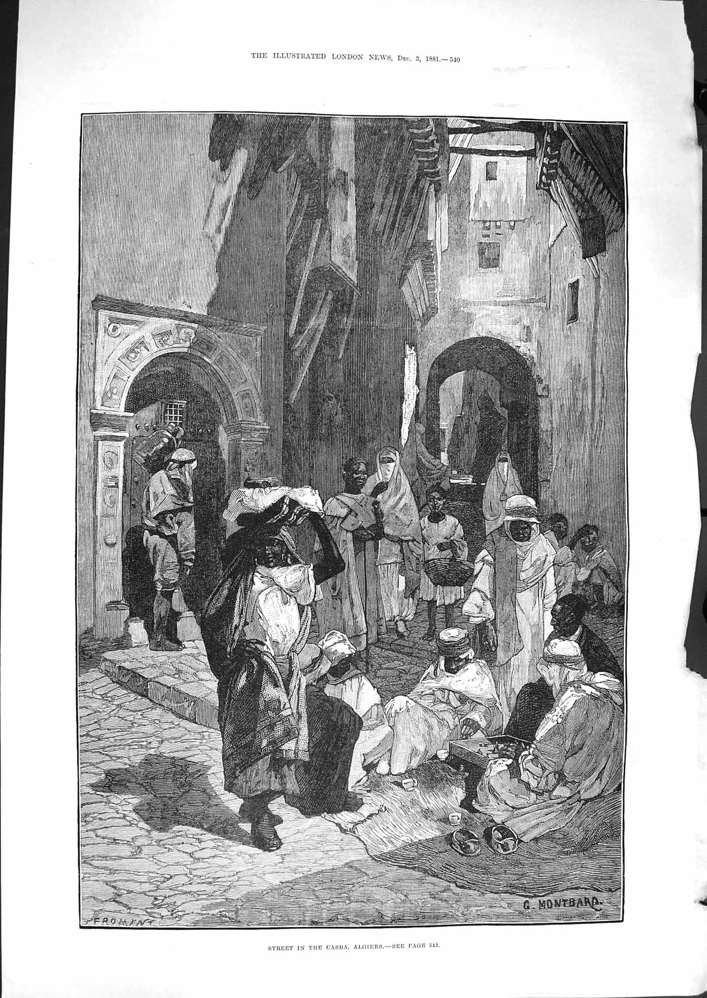 Old Antique Print 1881 Street Scene Casba Algiers Men Montbard Fine Art 19th