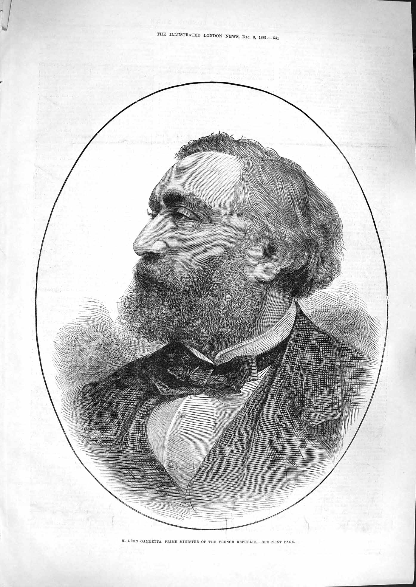 Old Antique Print 1881 Portrait Gambetta Prime Minister French Republic 19th