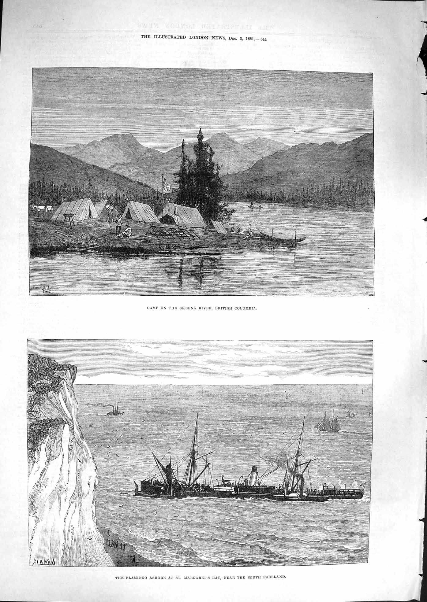 Old Antique Print 1881 Camp Skeena River Columbia Flamingo Ship Margarets 19th