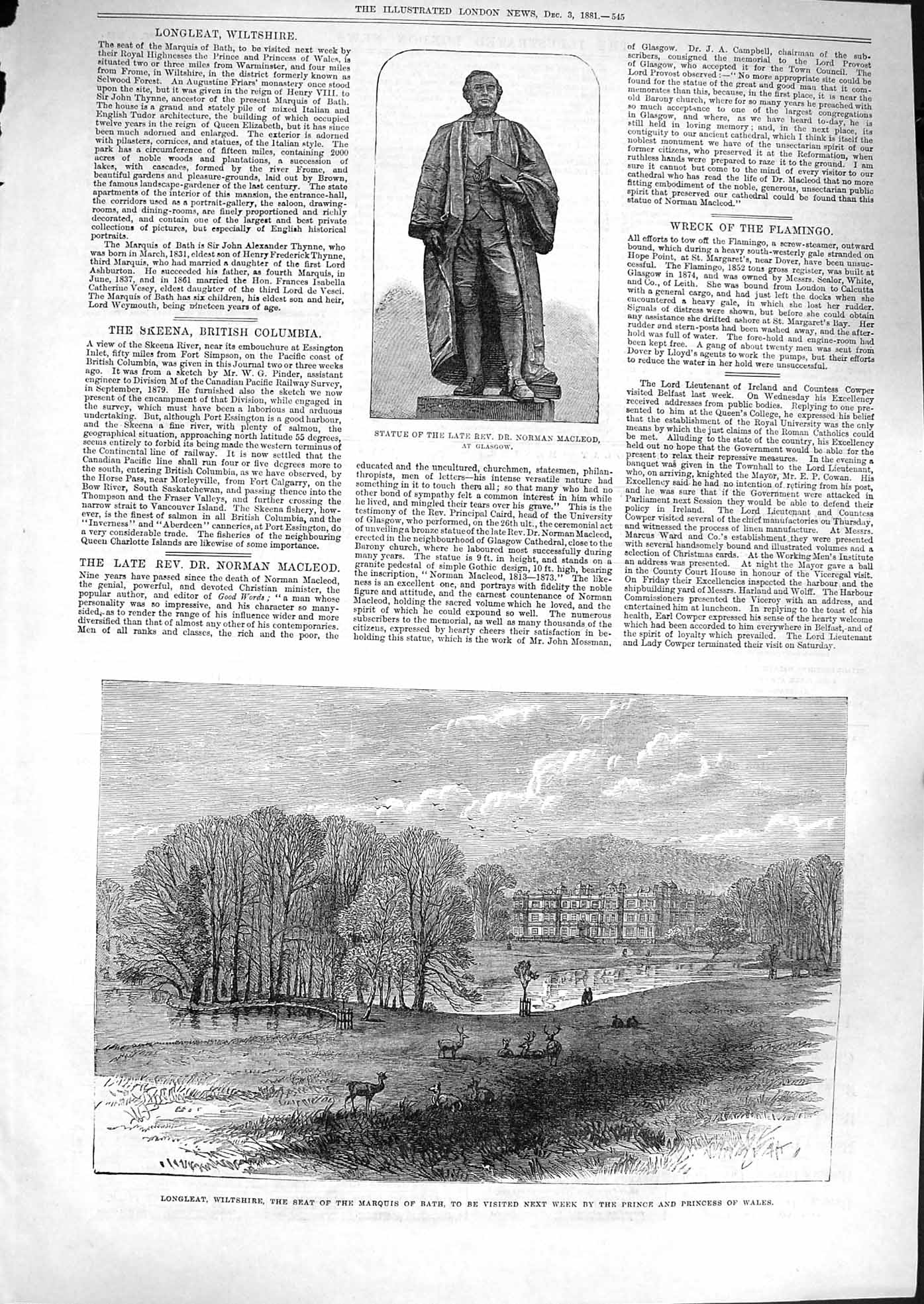 Original Old Antique Print 1881 Statue Norman Macleod Longleat Marquis Bath