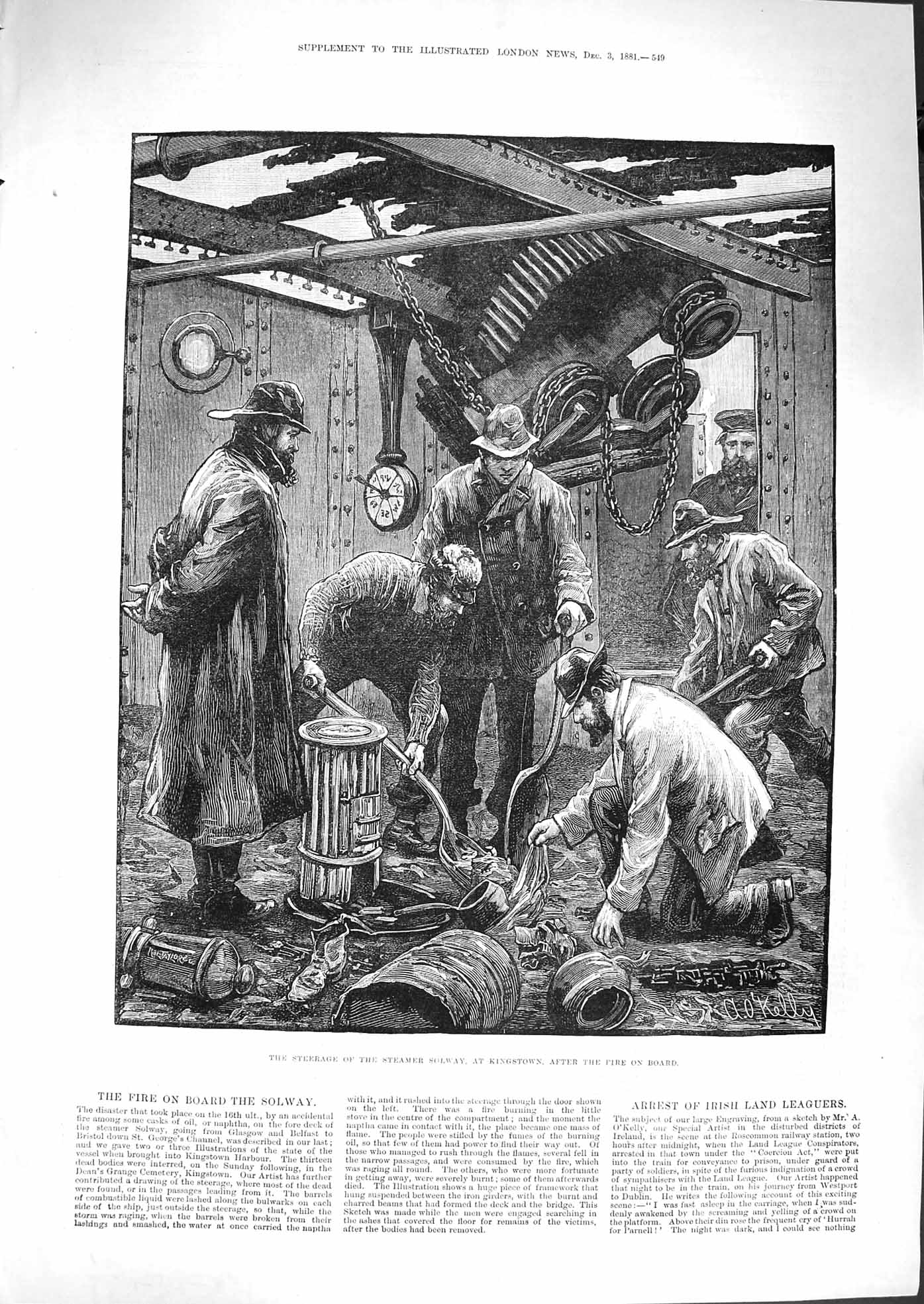 Original Old Antique Print 1881 Fire Ship Steerage Steamer Solway Kingstown