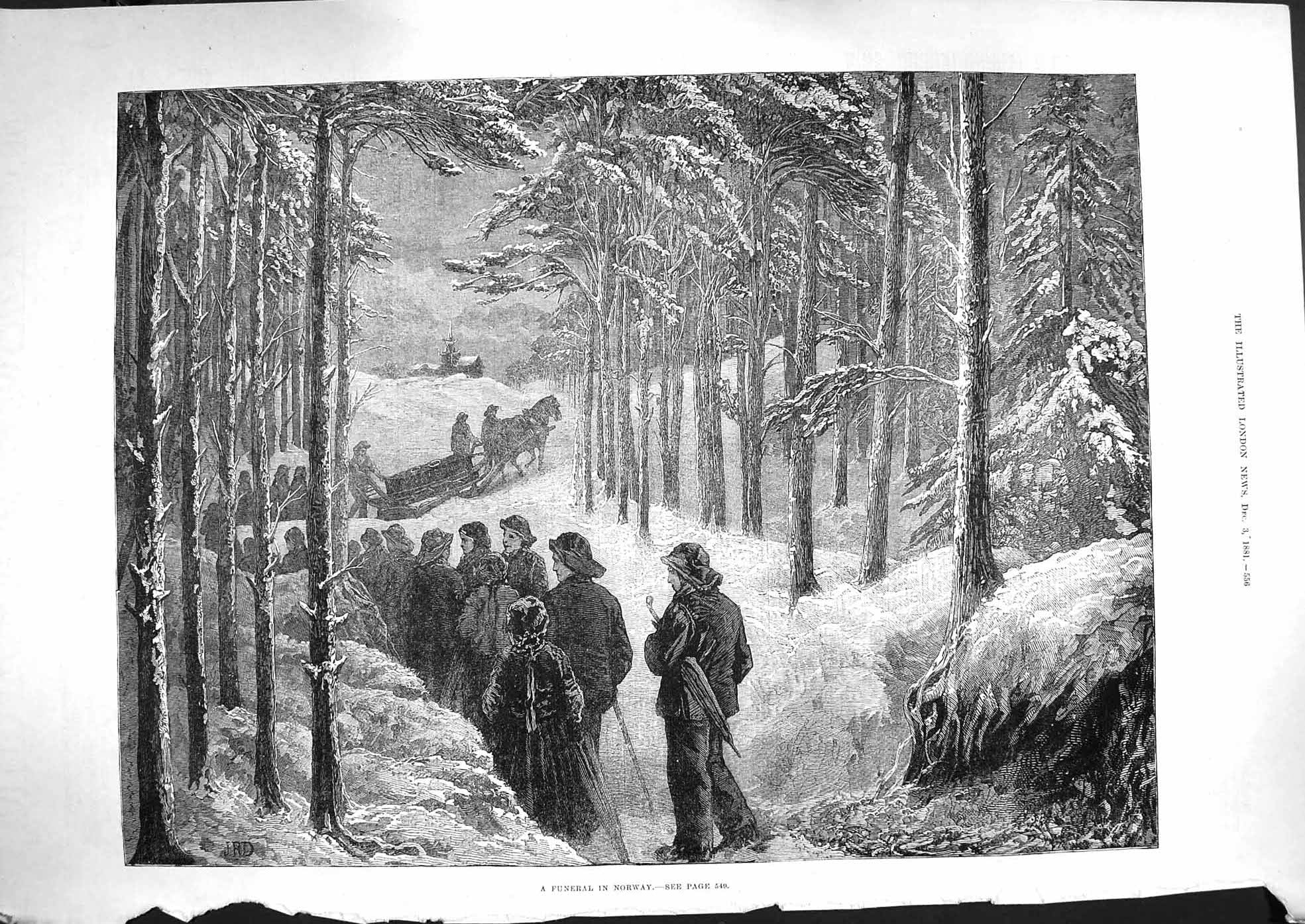 Original Old Antique Print 1881 Funeral Norway Snow Ice Forest Trees Fine Art