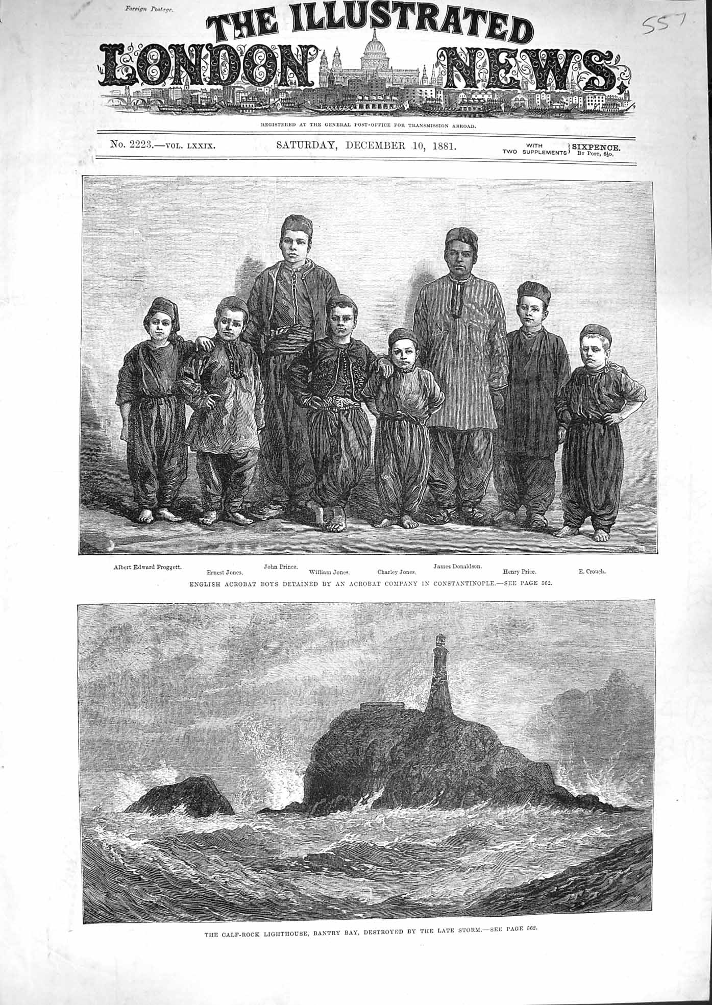 Antique Old Print *3297 1881 Calf-Rock Lighthouse Bantry English Acrobat Boys