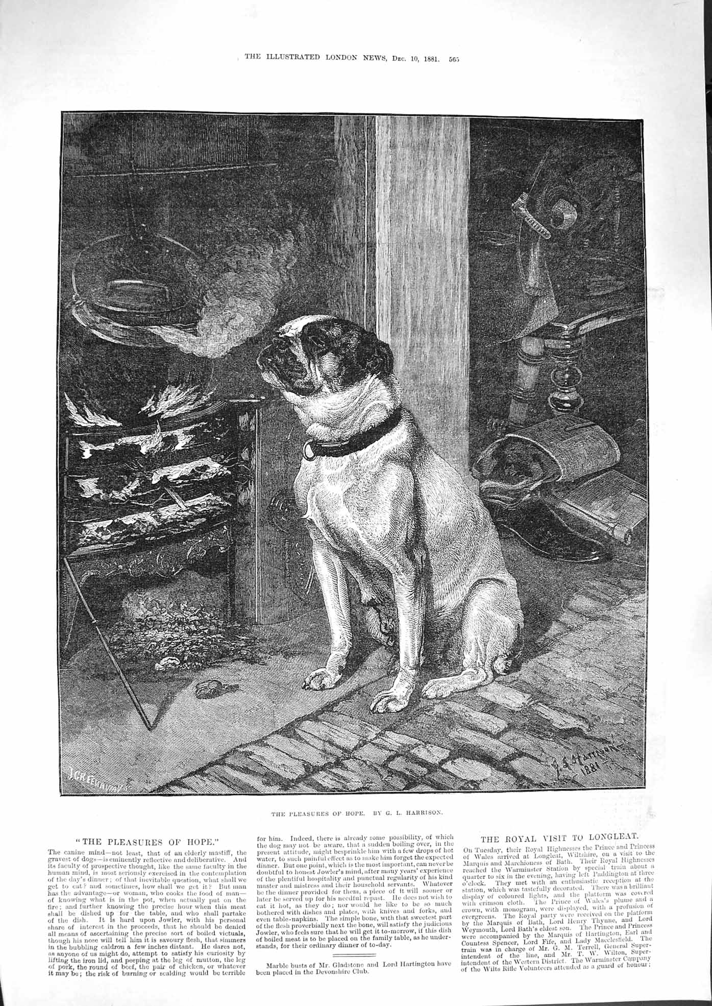 Old Antique Print 1881 Pleasures Hope Pet Dog Cooking Pot Fire Harrison 19th