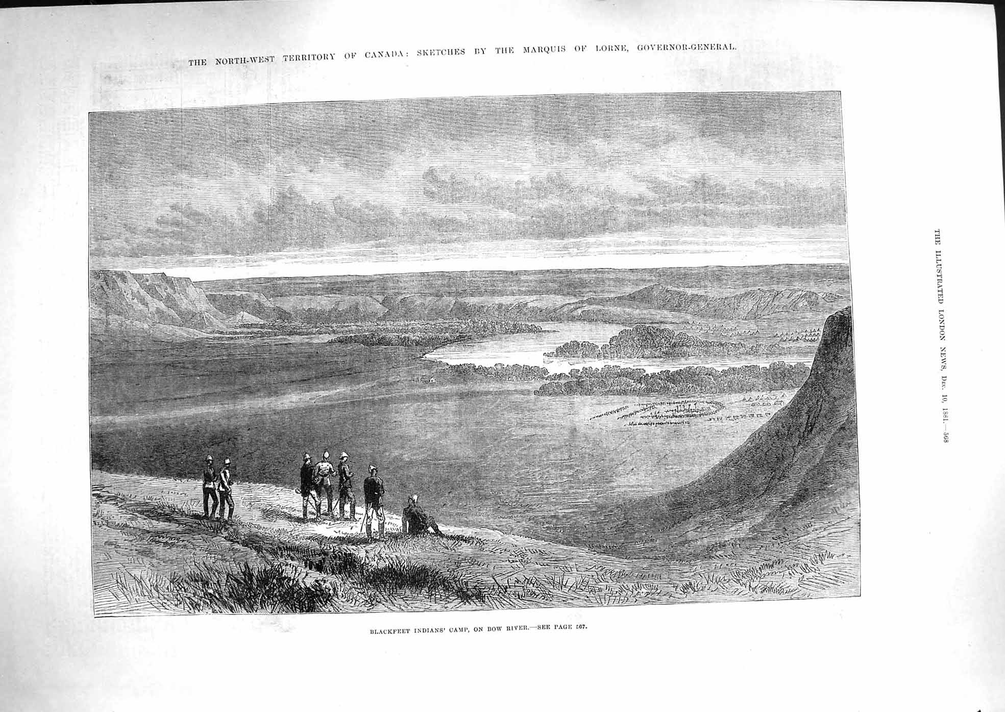 Original Old Antique Print 1881 Blackfeet Indians Camp Bow River Mountains Lake