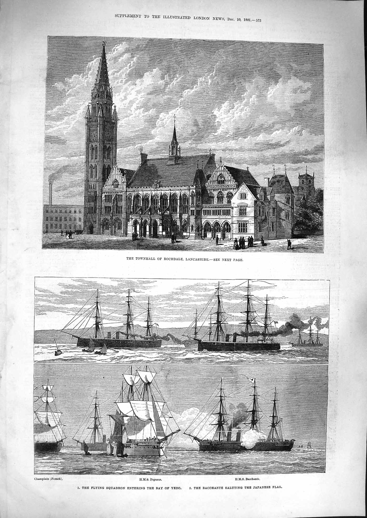 Old Antique Print 1881 Townhall Rochdale Lancashire Ships Bacchante Yedo 19th