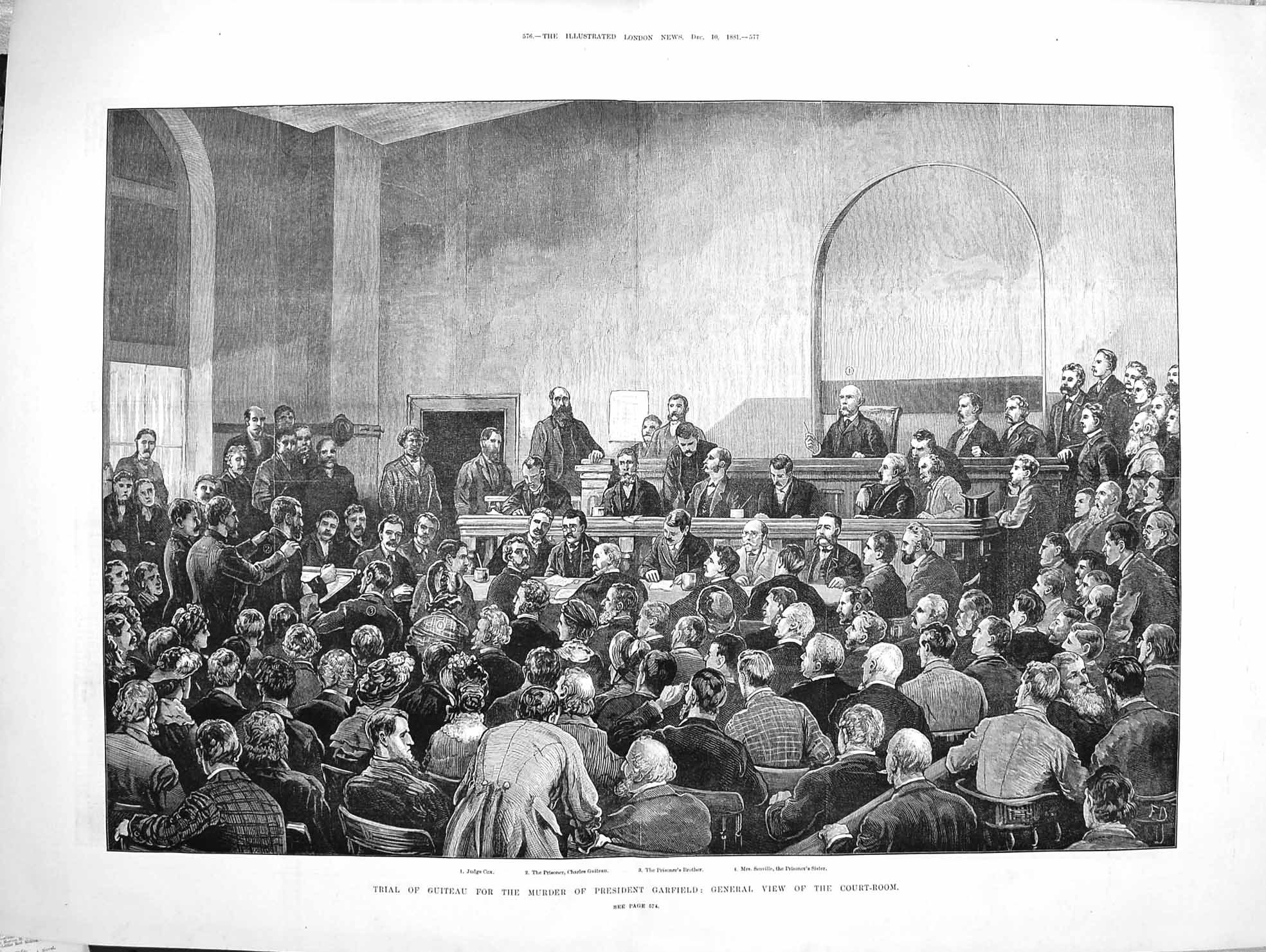 Old Antique Print 1881 Trial Guiteau Murder President Garfield Scoville 19th
