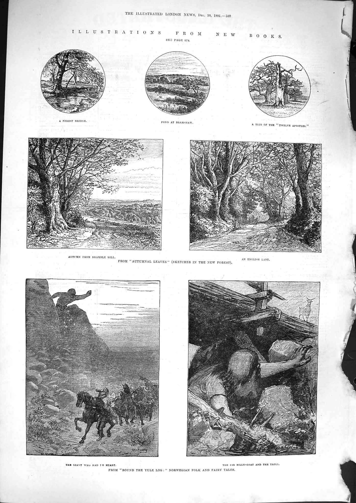 Old Antique Print 1881 Billy Goat Troll Fairy Tales Autumn Leaves Forest 19th