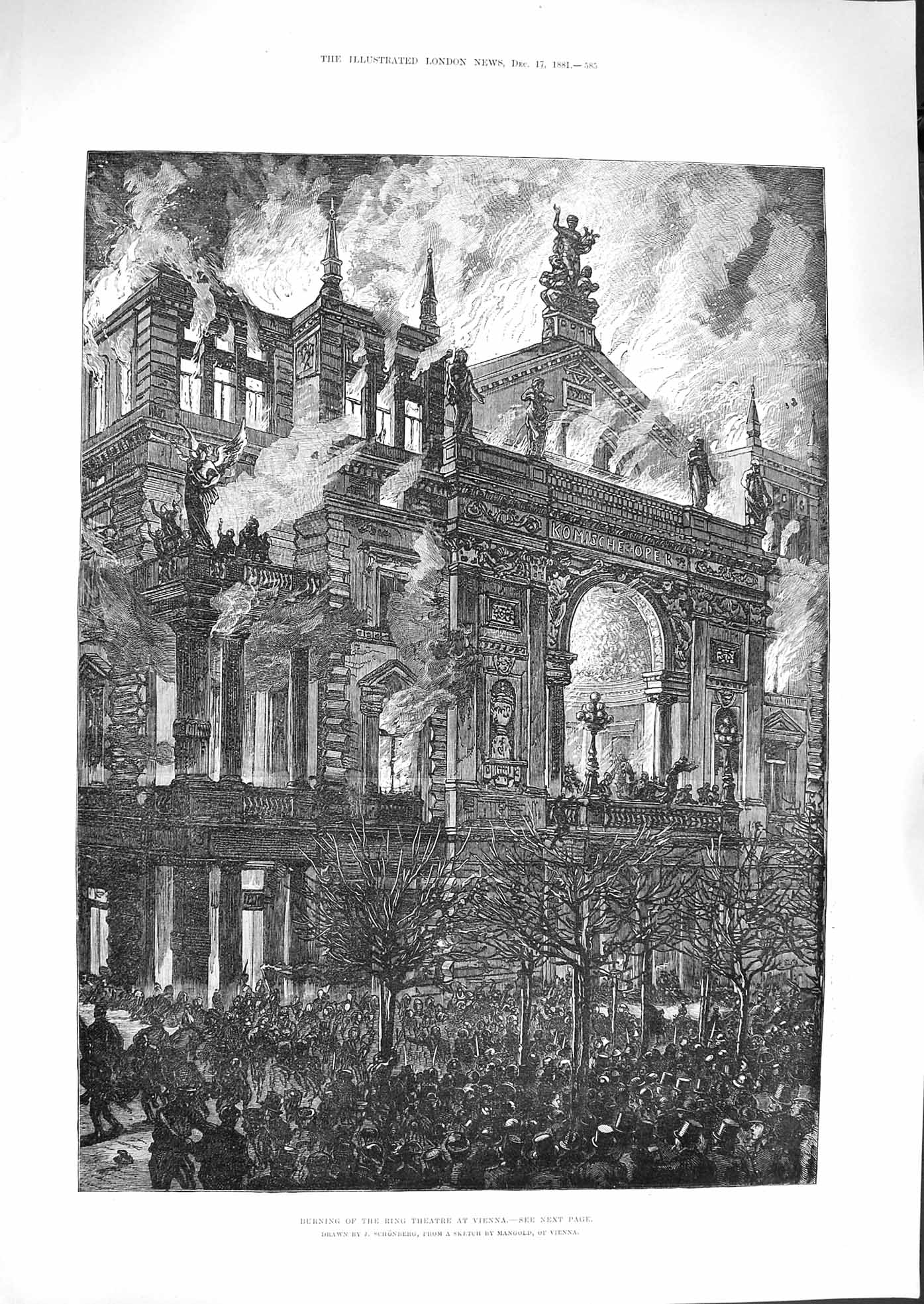 Original Old Antique Print 1881 Burning Fire Ring Theatre Vienna Architecture