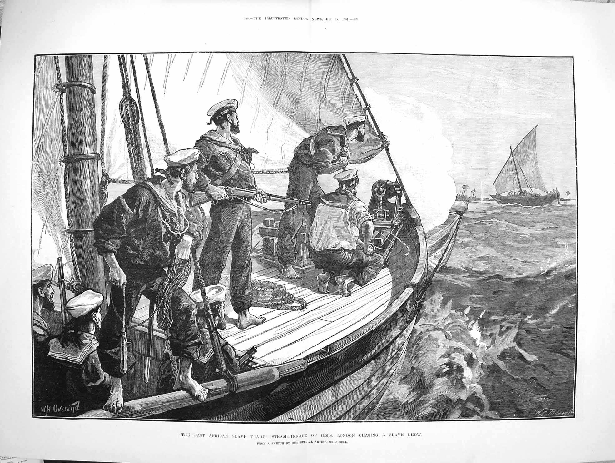 Antique Old Print 1881 African Slave Trade Steam-Pinnace London Ship Dhow 19th