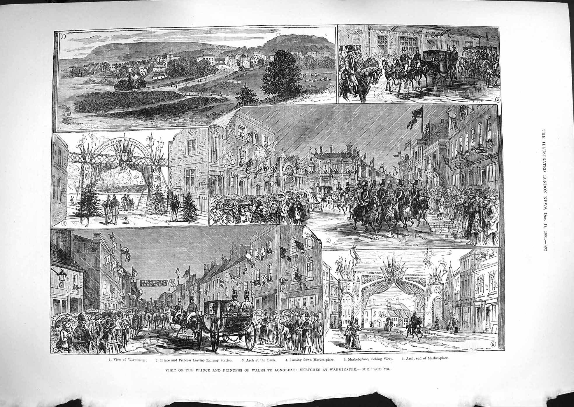 Original Old Antique Print 1881 Prince Wales Longleat Warminster Market Railway