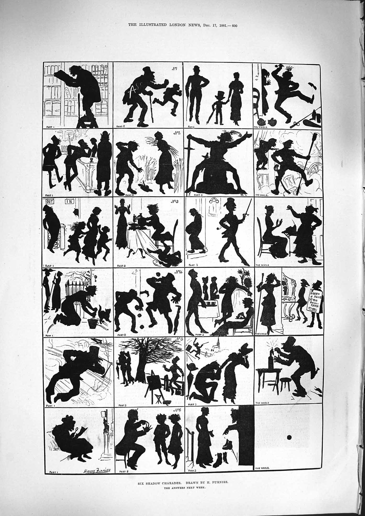 Original Old Antique Print 1881 Shadow Charades Furniss Black Figures Victorian