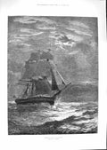 Original Old Antique Print 1881 Homeward Bound Sailing Ship Stormy Sea F 19th