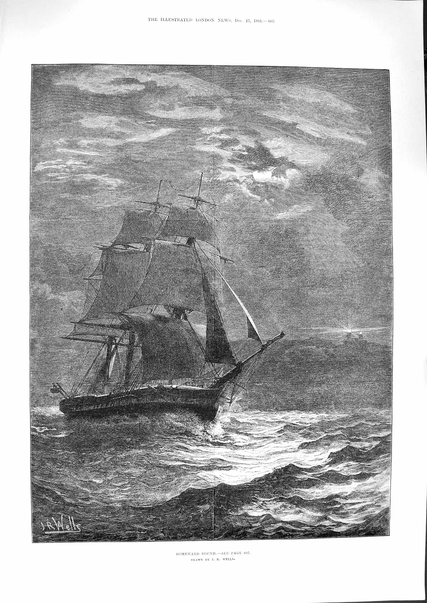 Original Old Antique Print 1881 Homeward Bound Sailing Ship Stormy Sea F 19th