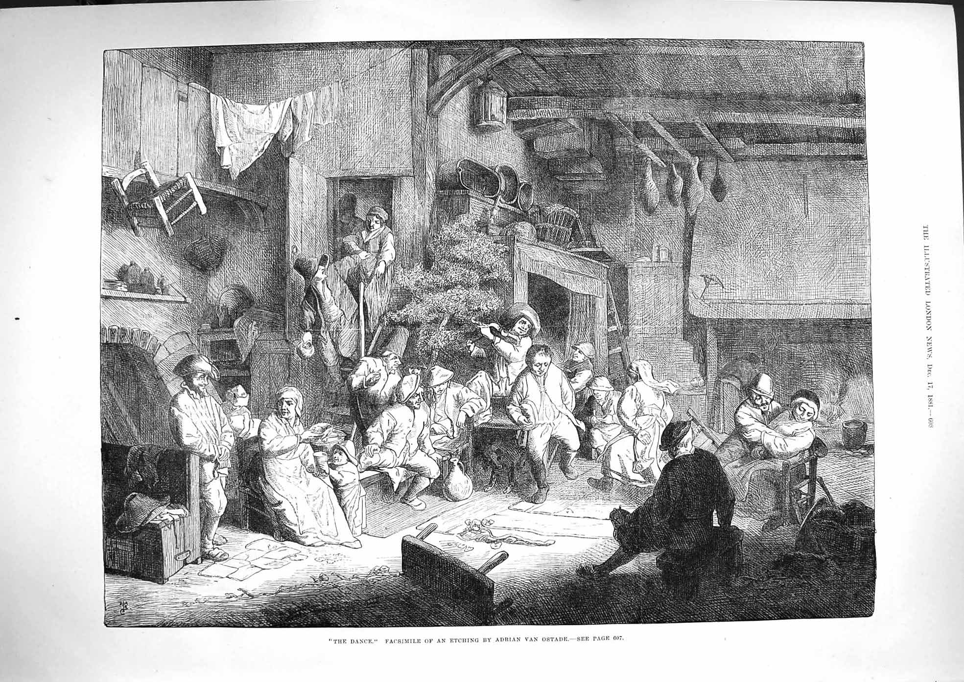 Original Old Antique Print 1881 Dance Etching Adrian Van Ostade Men Ladies 19th