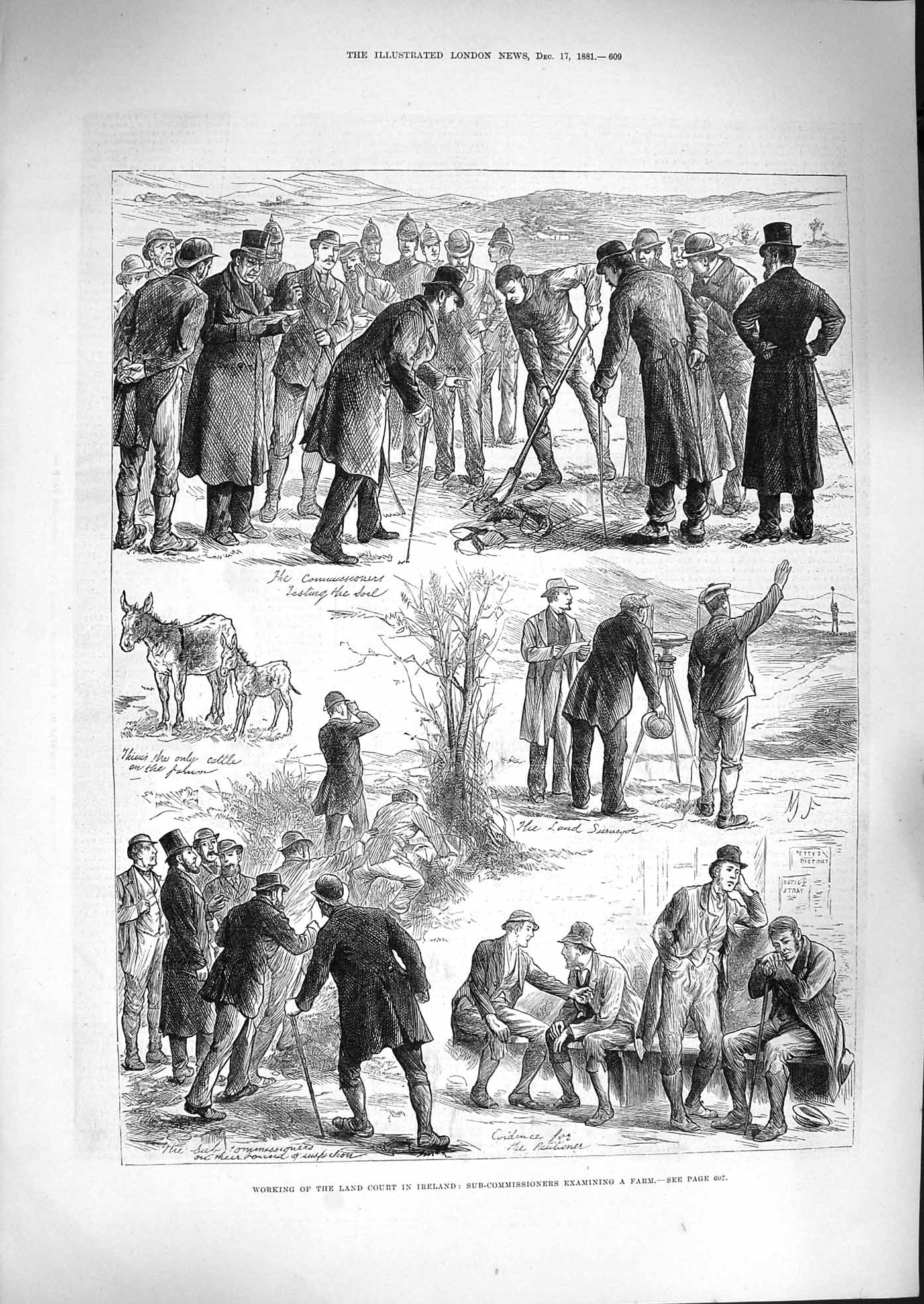 Original Old Antique Print 1881 Land Court Ireland Sub-Commissioners Farm Men