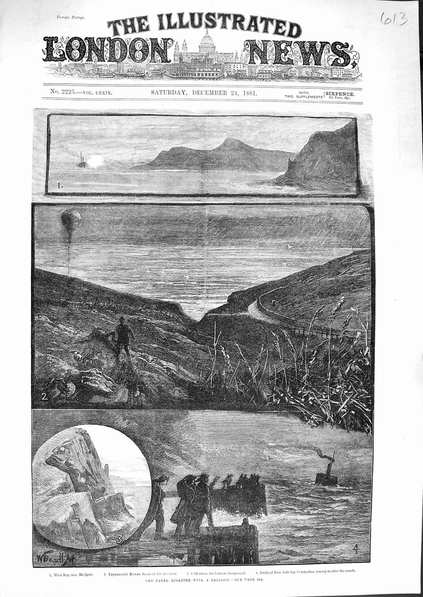 Original Old Antique Print 1881 Fatal Crash Balloon Bridport Eypesmouth 19th
