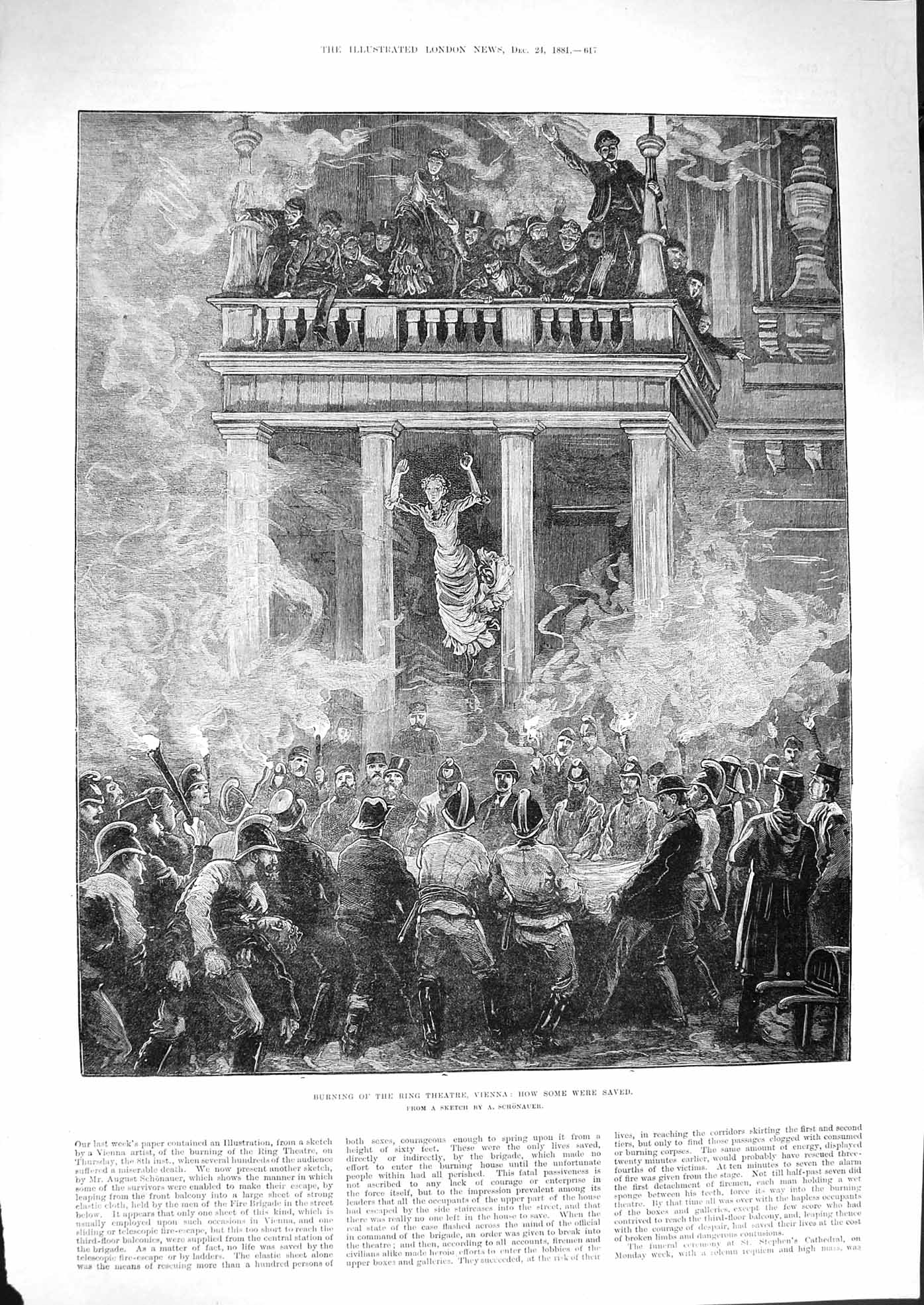 Original Old Antique Print 1881 Burning Ring Theatre Vienna Firemen Rescue Fire