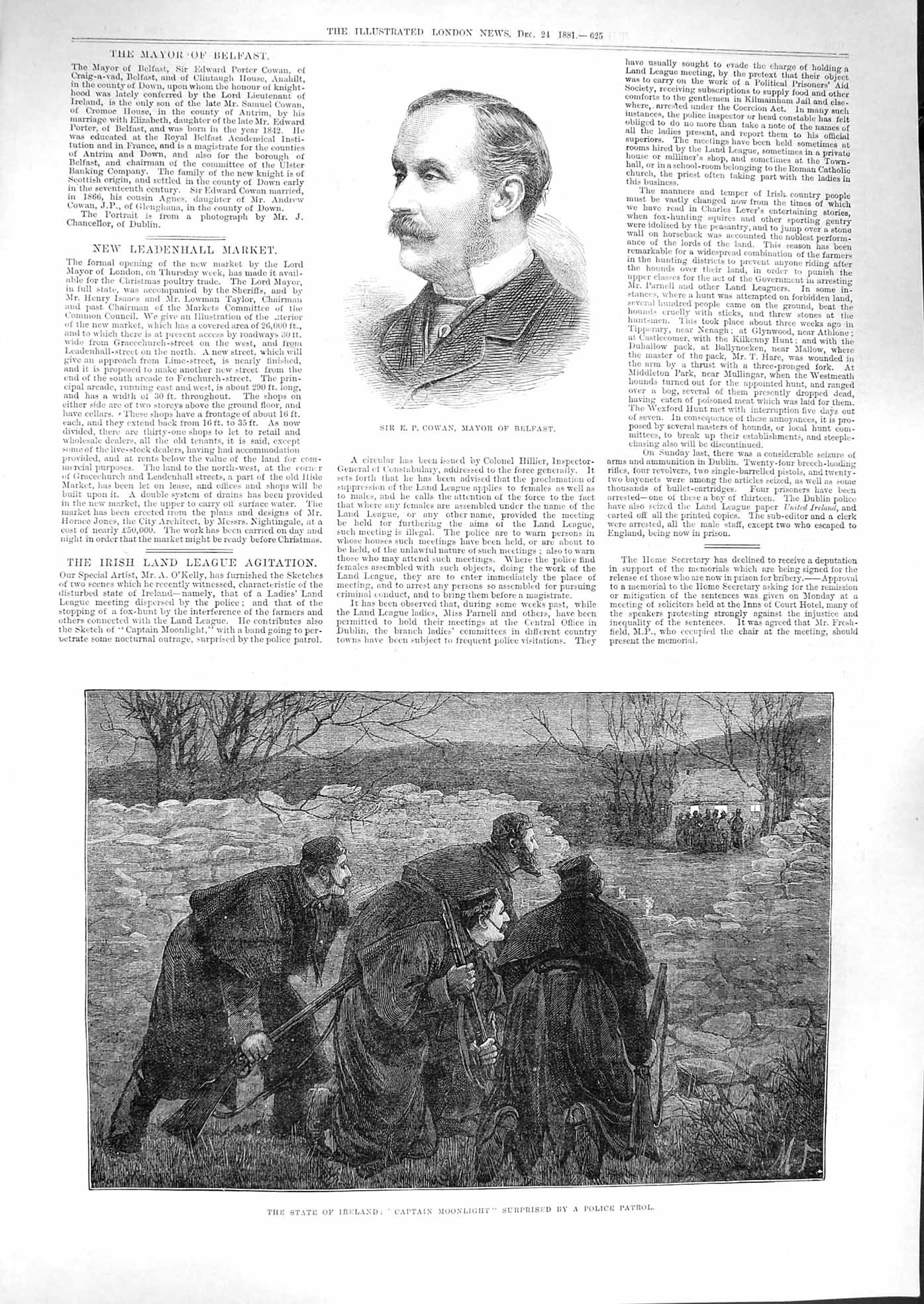 Original Old Antique Print 1881 Cowan Mayor Belfast Ireland Police Moonlight